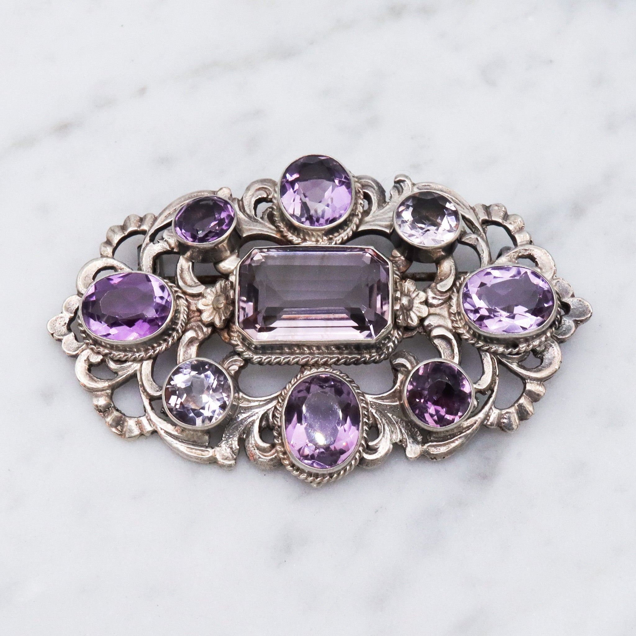 Antique Victorian sterling silver amethyst brooch