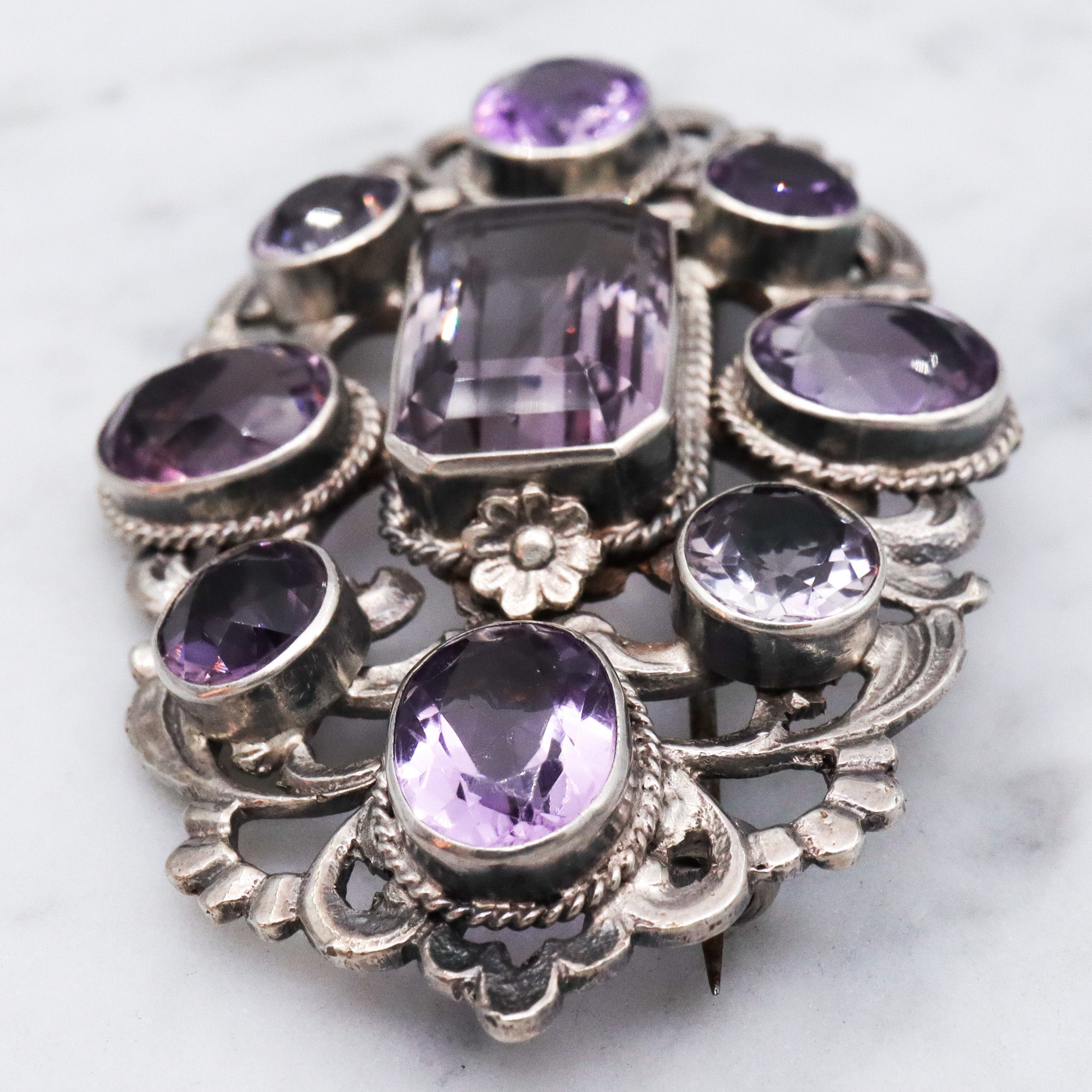 Antique Victorian sterling silver amethyst brooch