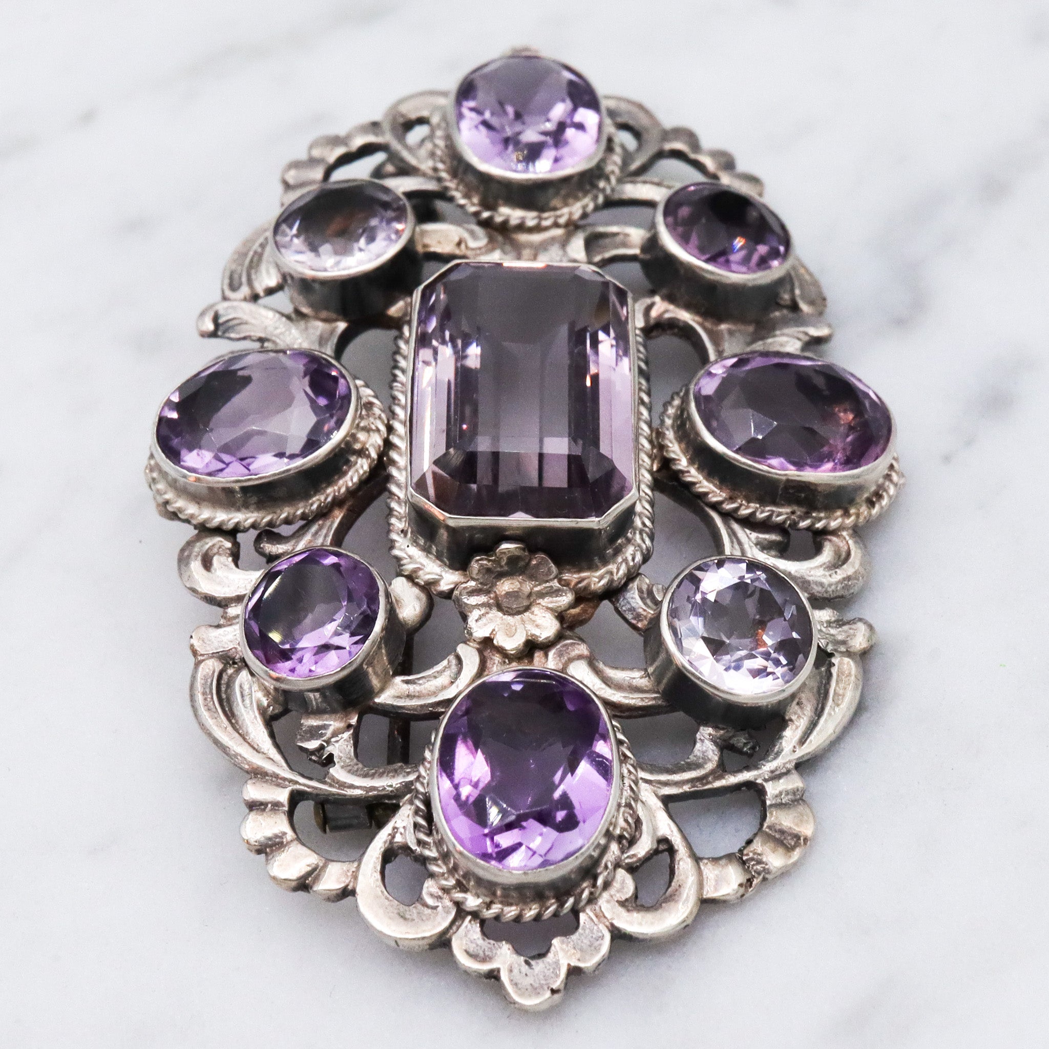 Antique Victorian sterling silver amethyst brooch