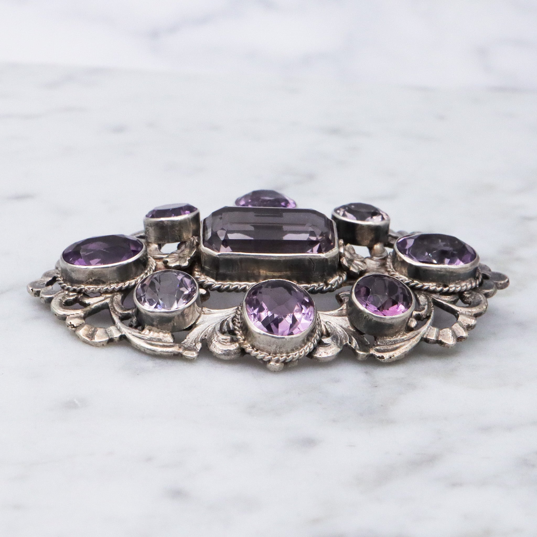Antique Victorian sterling silver amethyst brooch