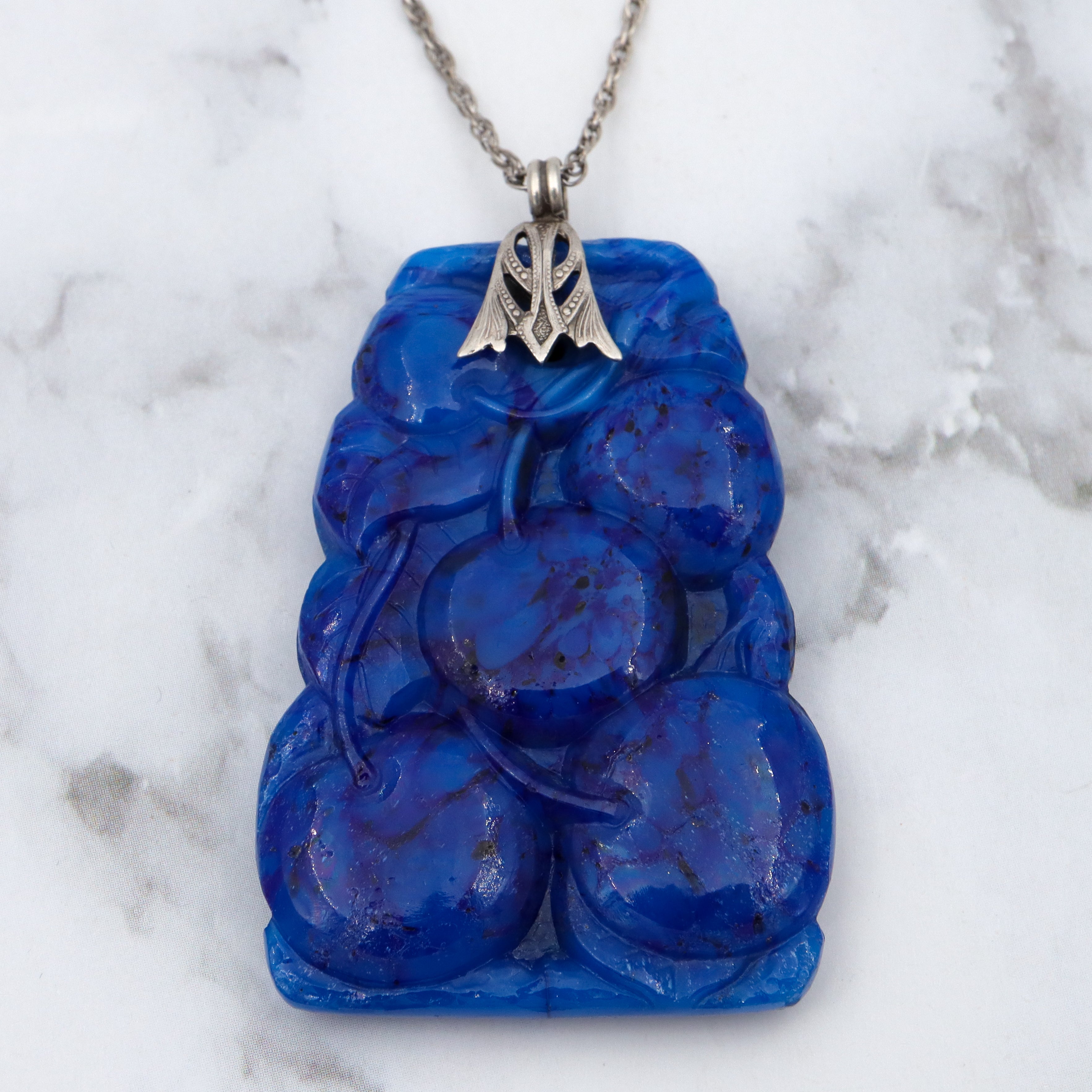 Large Antique Art Deco carved lapis art glass pendant necklace