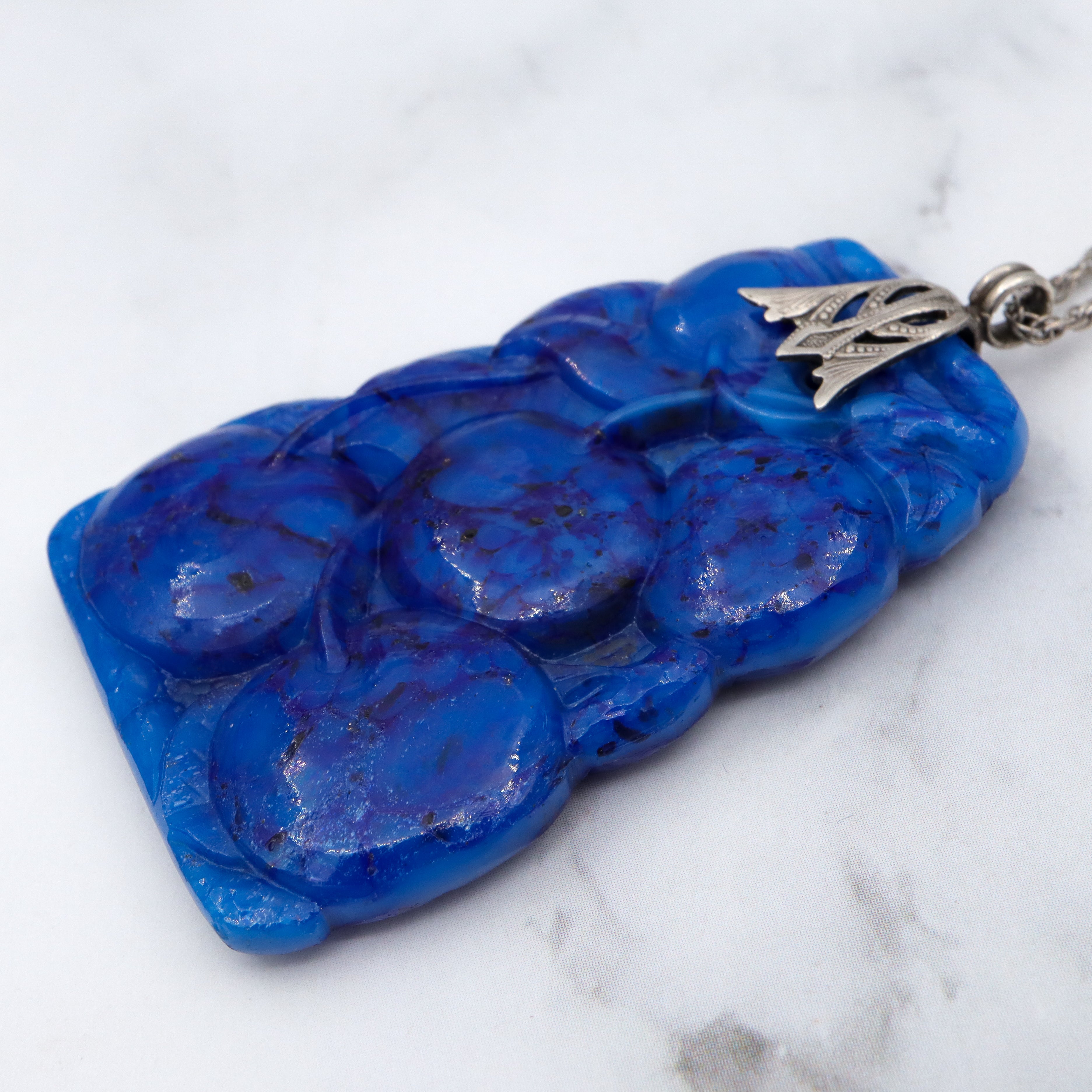 Large Antique Art Deco carved lapis art glass pendant necklace