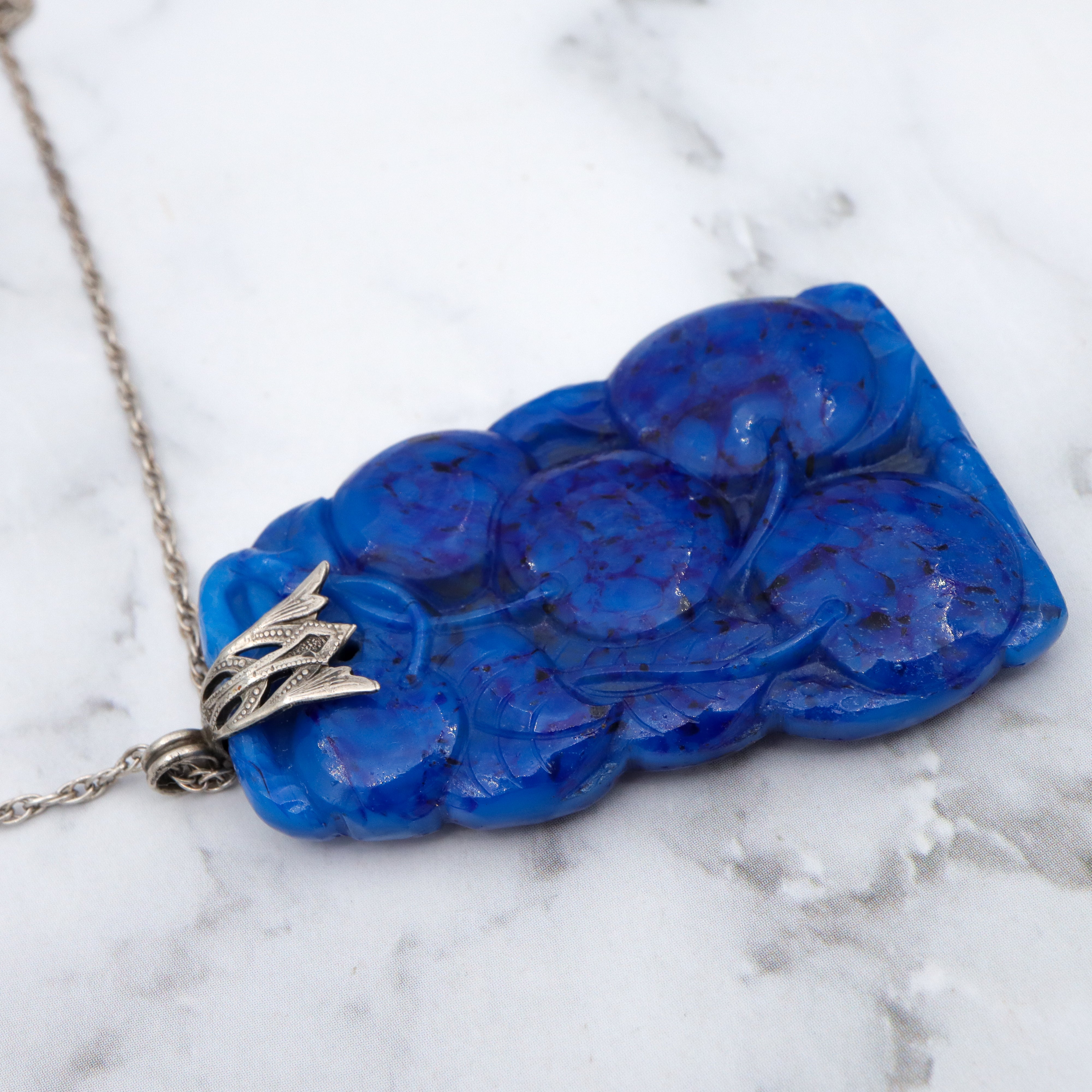 Large Antique Art Deco carved lapis art glass pendant necklace