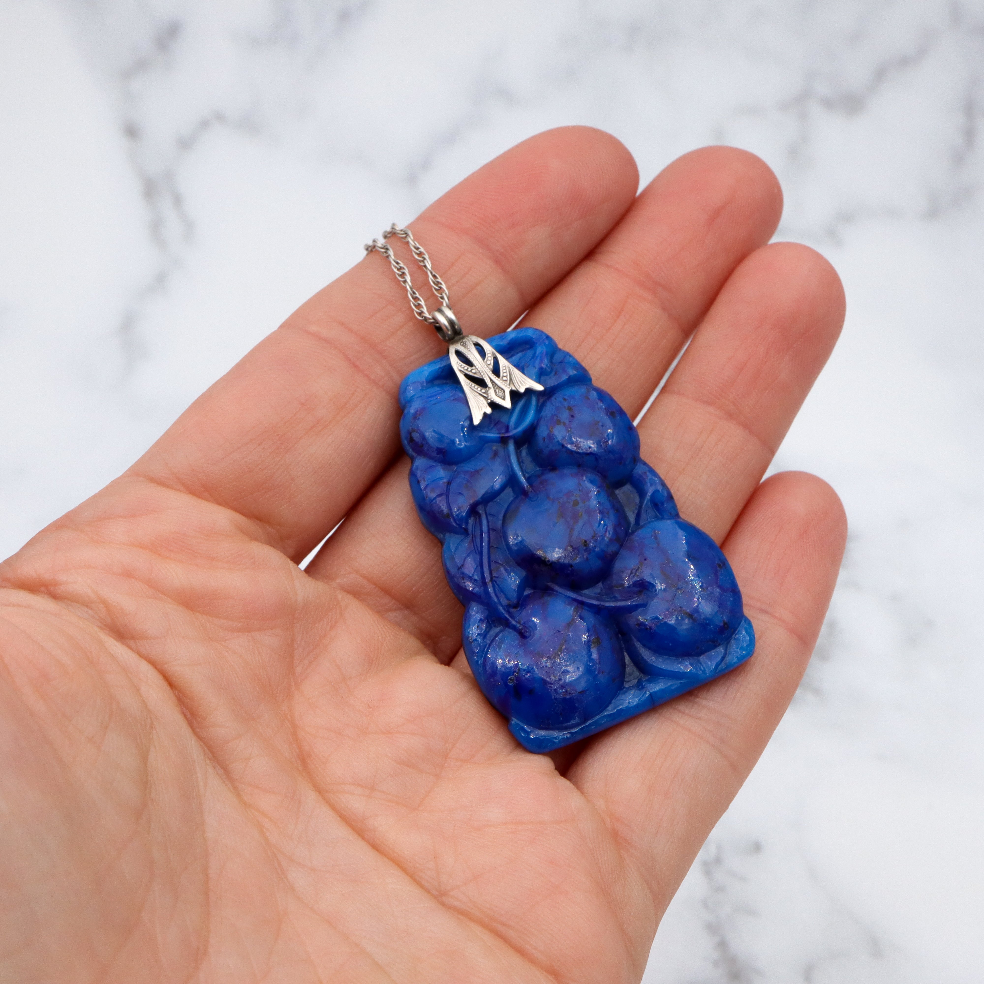 Large Antique Art Deco carved lapis art glass pendant necklace