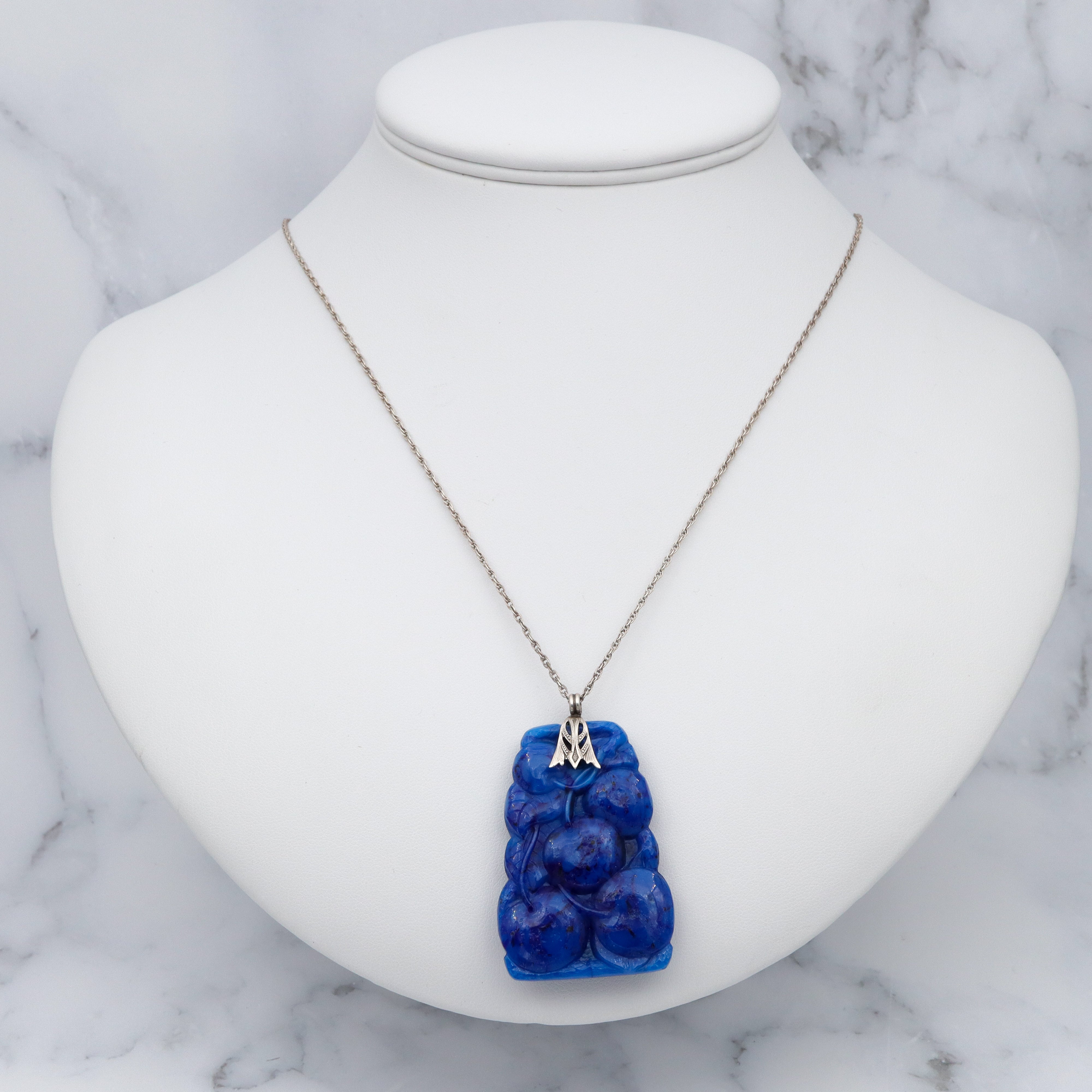 Large Antique Art Deco carved lapis art glass pendant necklace