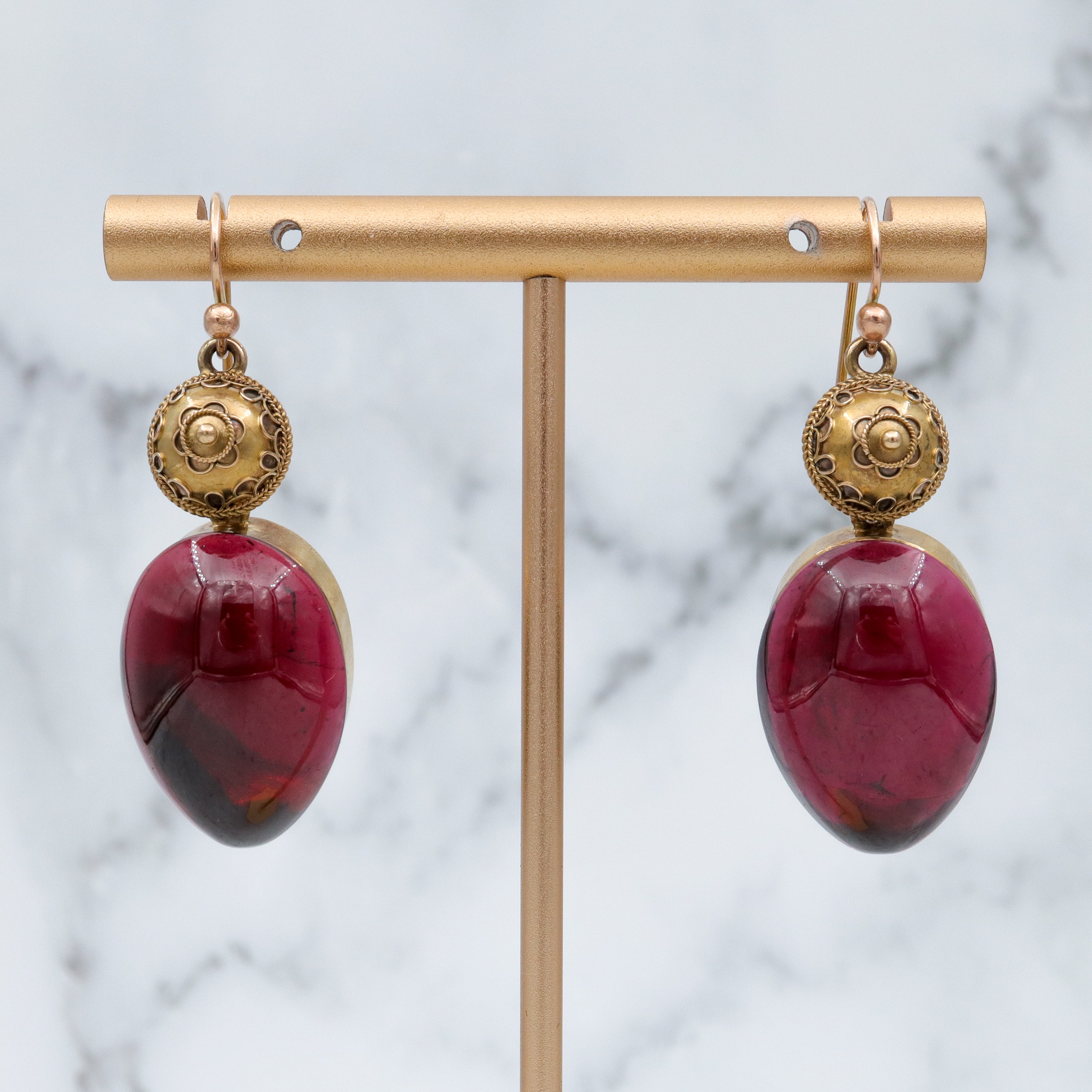 Antique Victorian Etruscan Revival 14k gold teardrop garnet drop earrings with locket backs