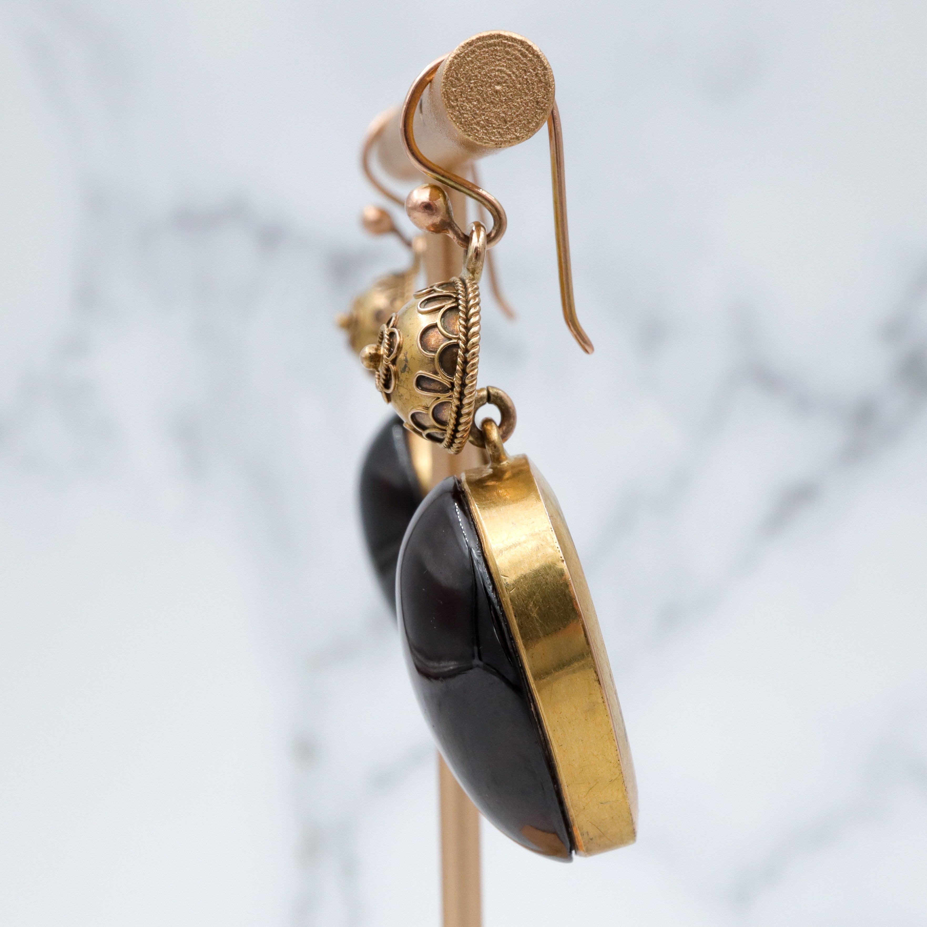 Antique Victorian Etruscan Revival 14k gold teardrop garnet drop earrings with locket backs