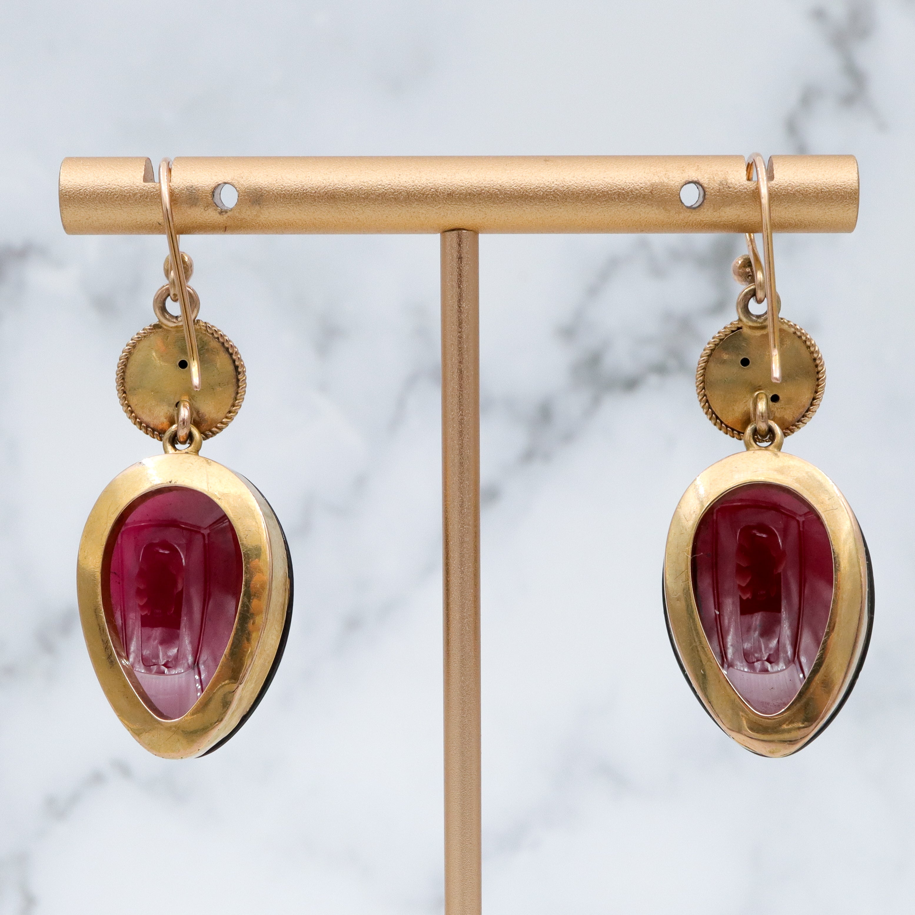 Antique Victorian Etruscan Revival 14k gold teardrop garnet drop earrings with locket backs