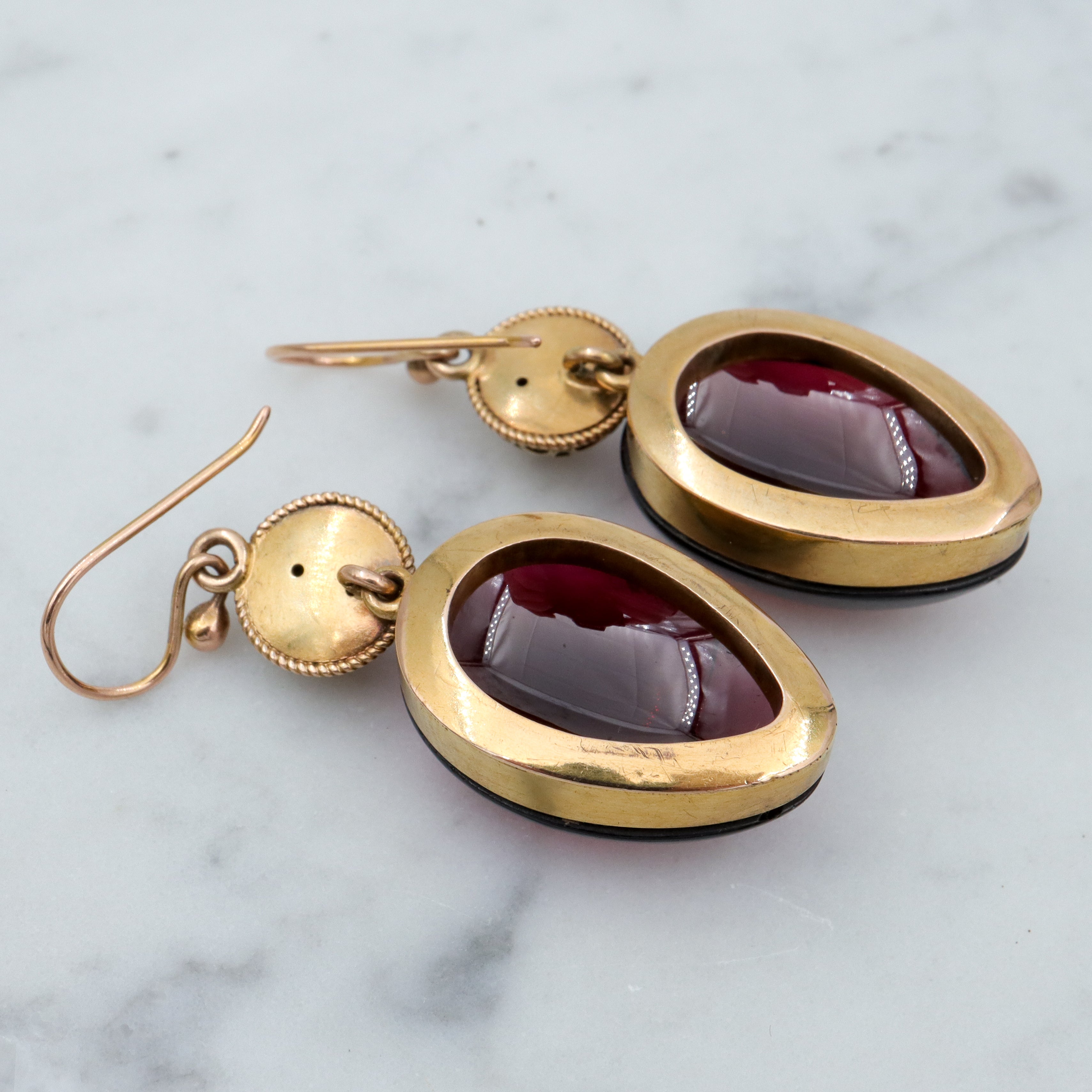 Antique Victorian Etruscan Revival 14k gold teardrop garnet drop earrings with locket backs