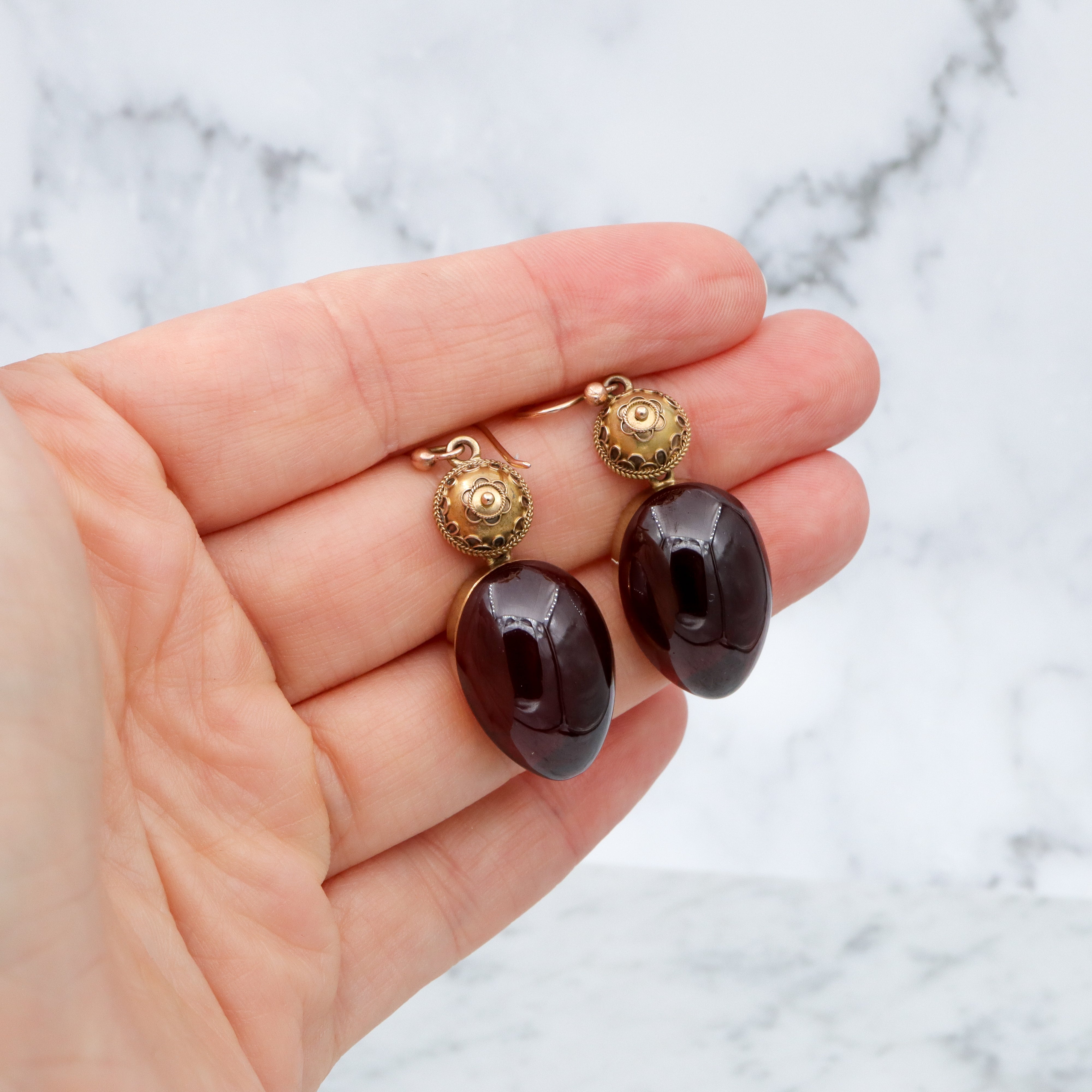 Antique Victorian Etruscan Revival 14k gold teardrop garnet drop earrings with locket backs