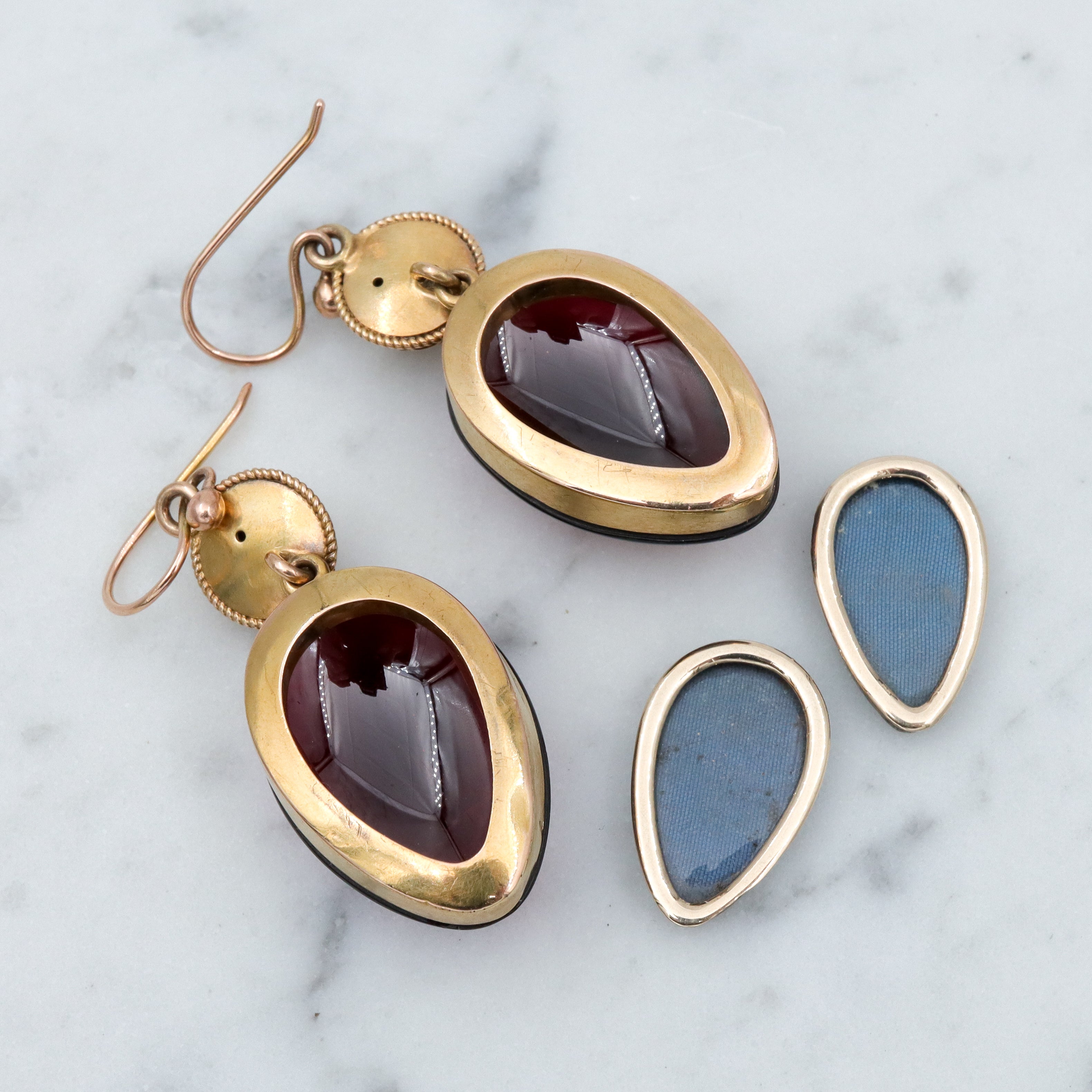 Antique Victorian Etruscan Revival 14k gold teardrop garnet drop earrings with locket backs