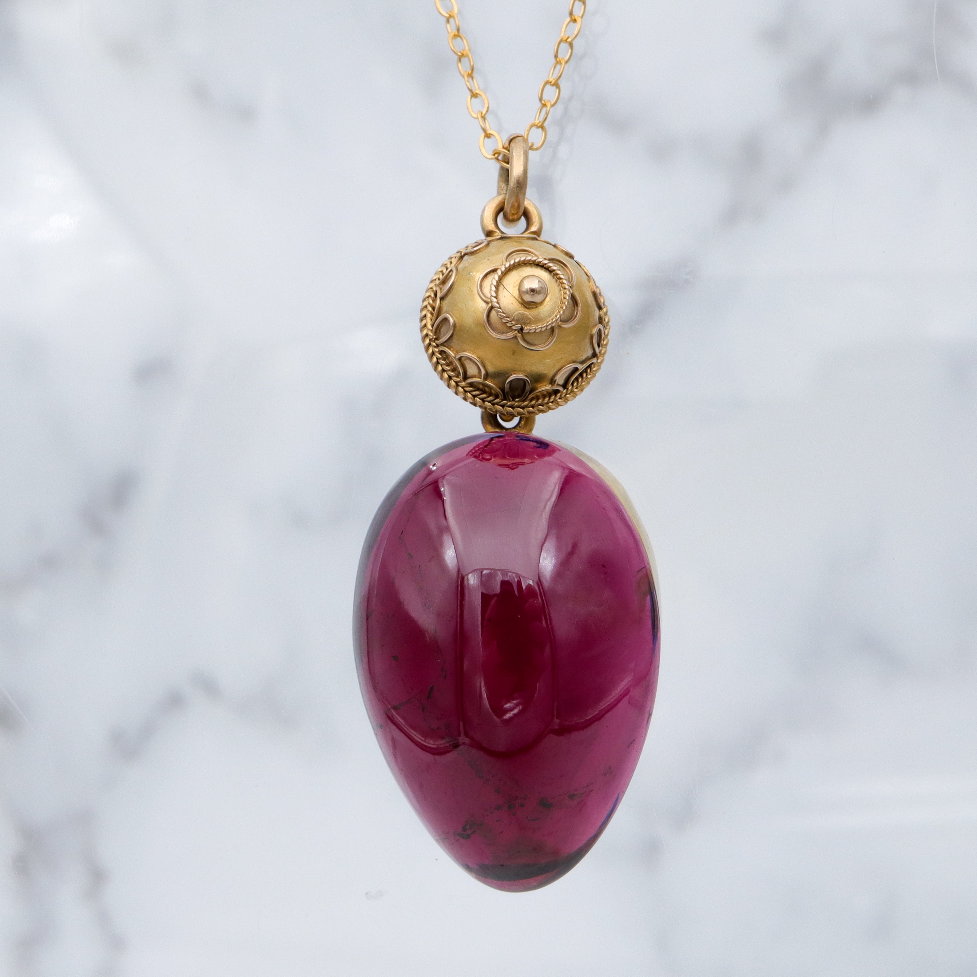 Antique Victorian Etruscan Revival 14k gold teardrop garnet pendant with locket back