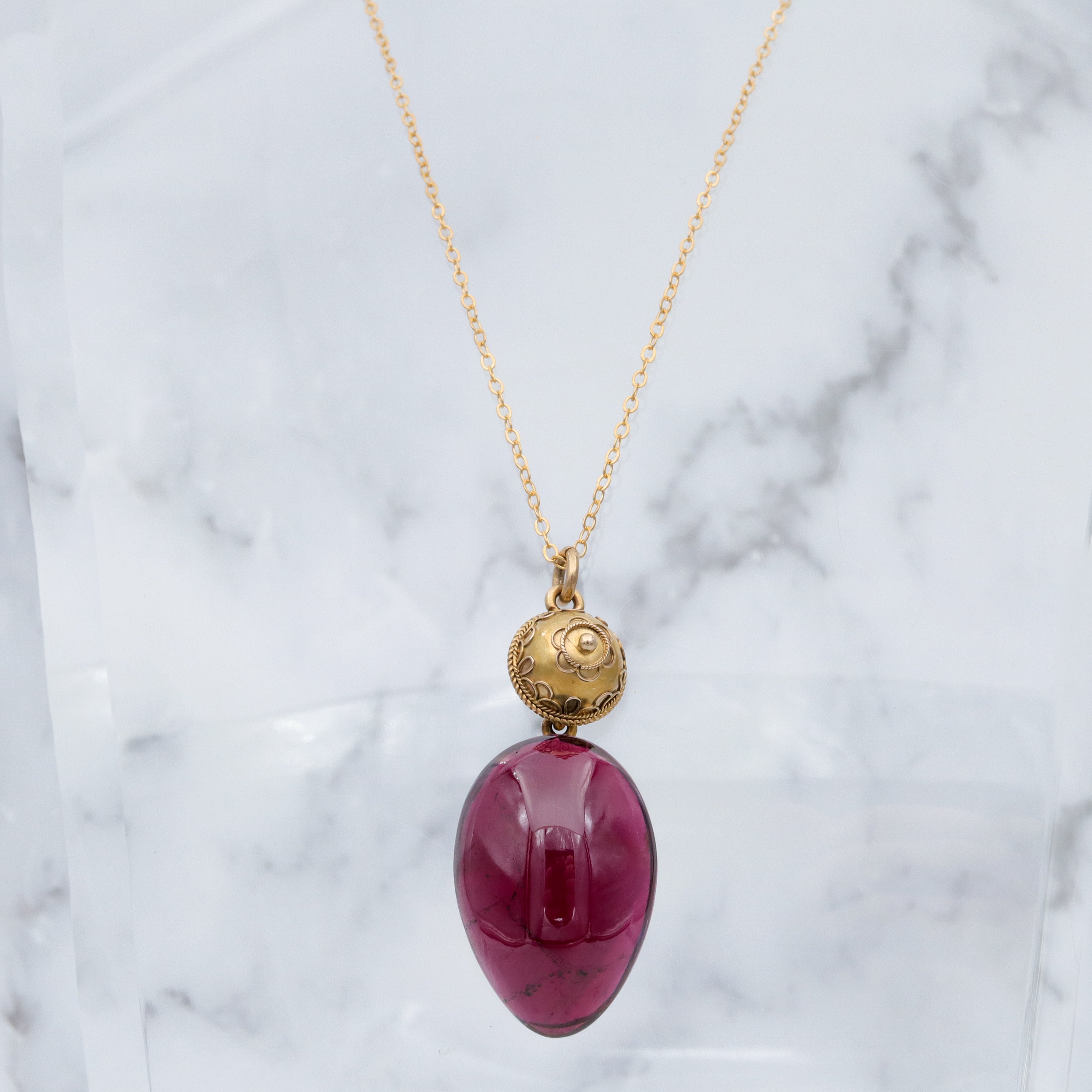 Antique Victorian Etruscan Revival 14k gold teardrop garnet pendant with locket back