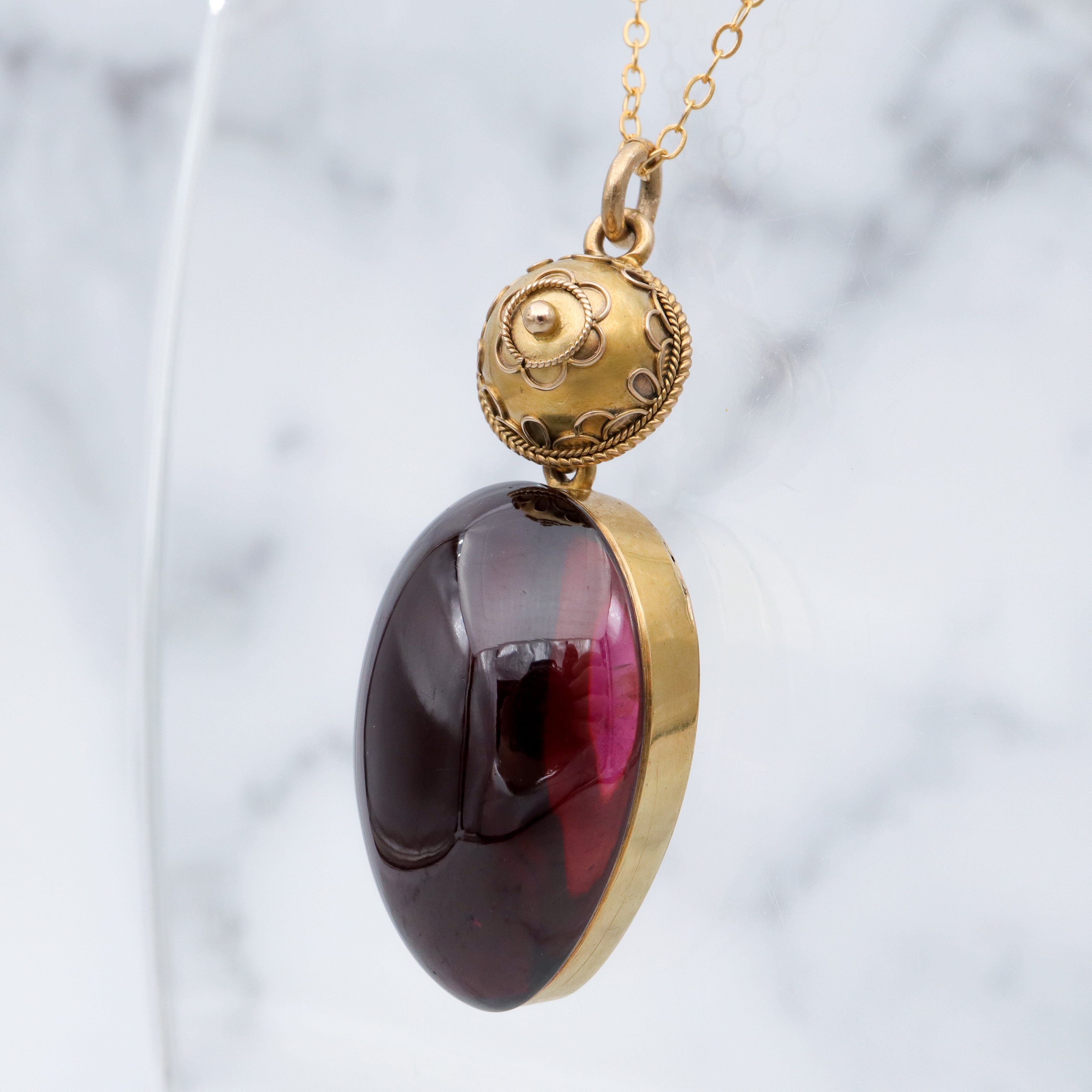 Antique Victorian Etruscan Revival 14k gold teardrop garnet pendant with locket back