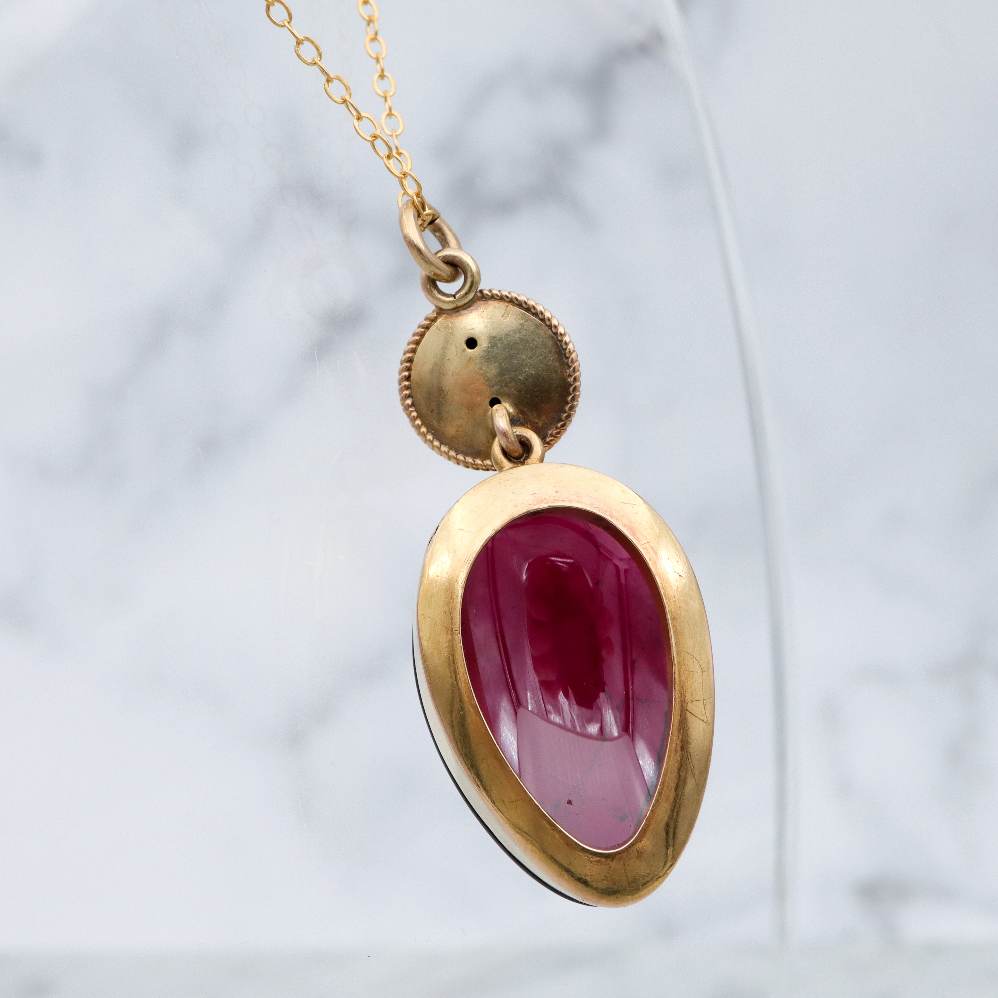 Antique Victorian Etruscan Revival 14k gold teardrop garnet pendant with locket back