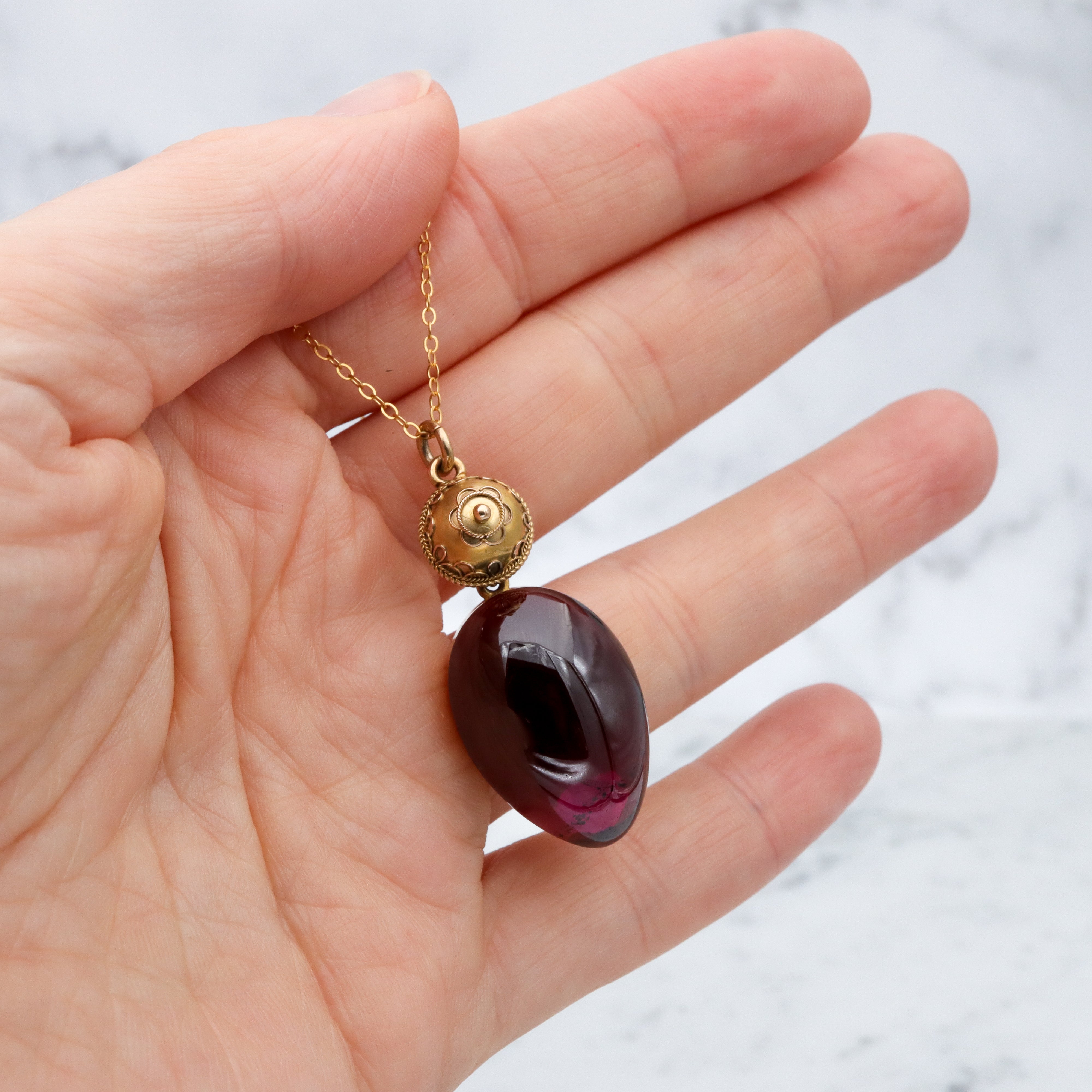 Antique Victorian Etruscan Revival 14k gold teardrop garnet pendant with locket back