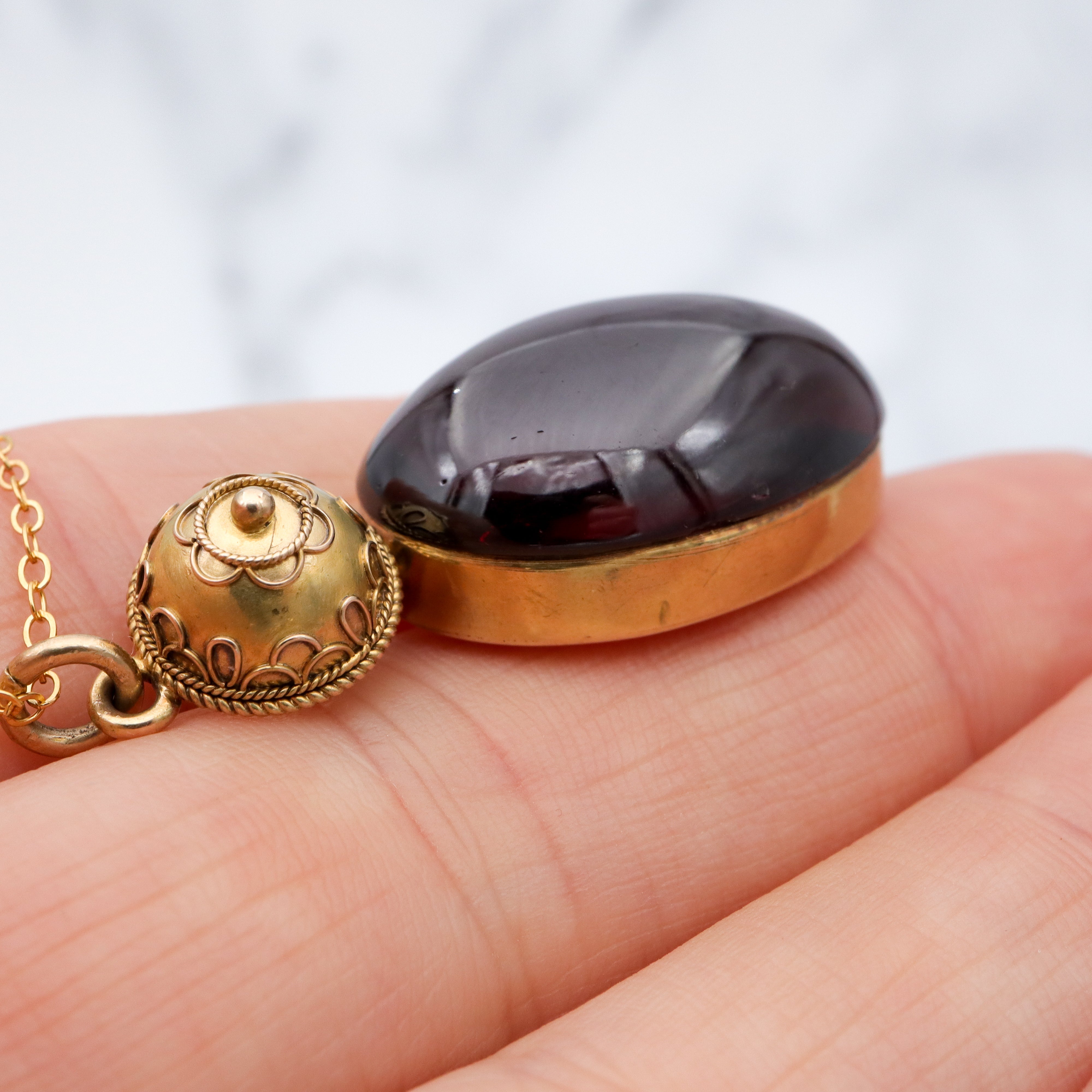 Antique Victorian Etruscan Revival 14k gold teardrop garnet pendant with locket back