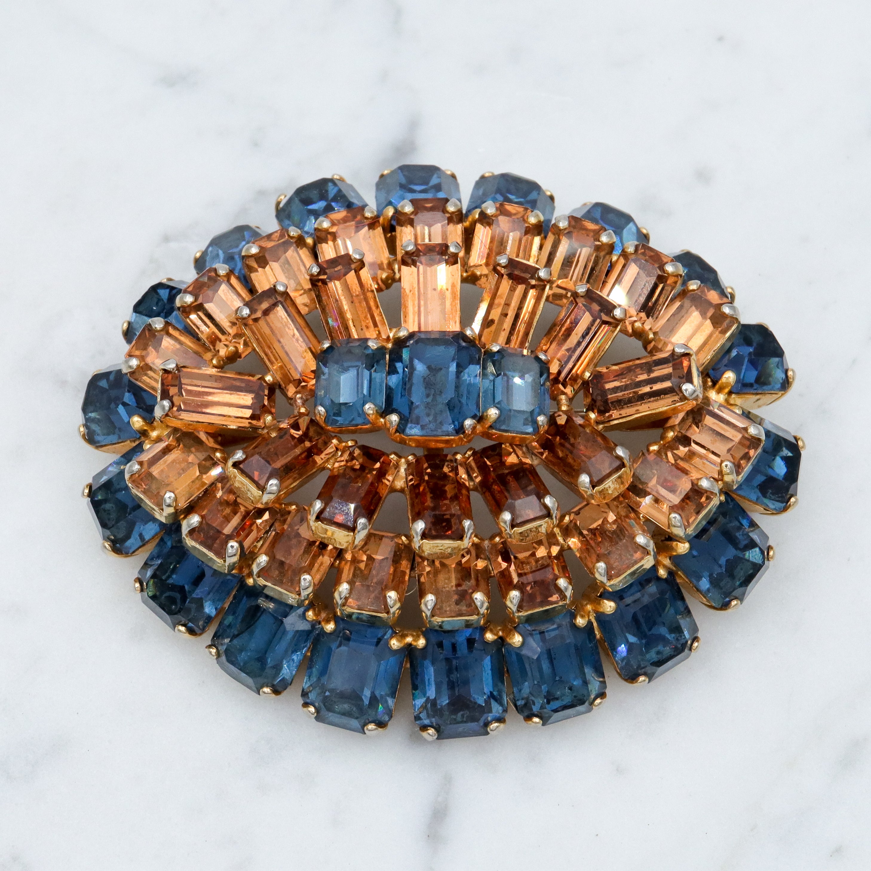 Antique Art Deco citrine & sapphire Austrian crystal gold plated oval brooch