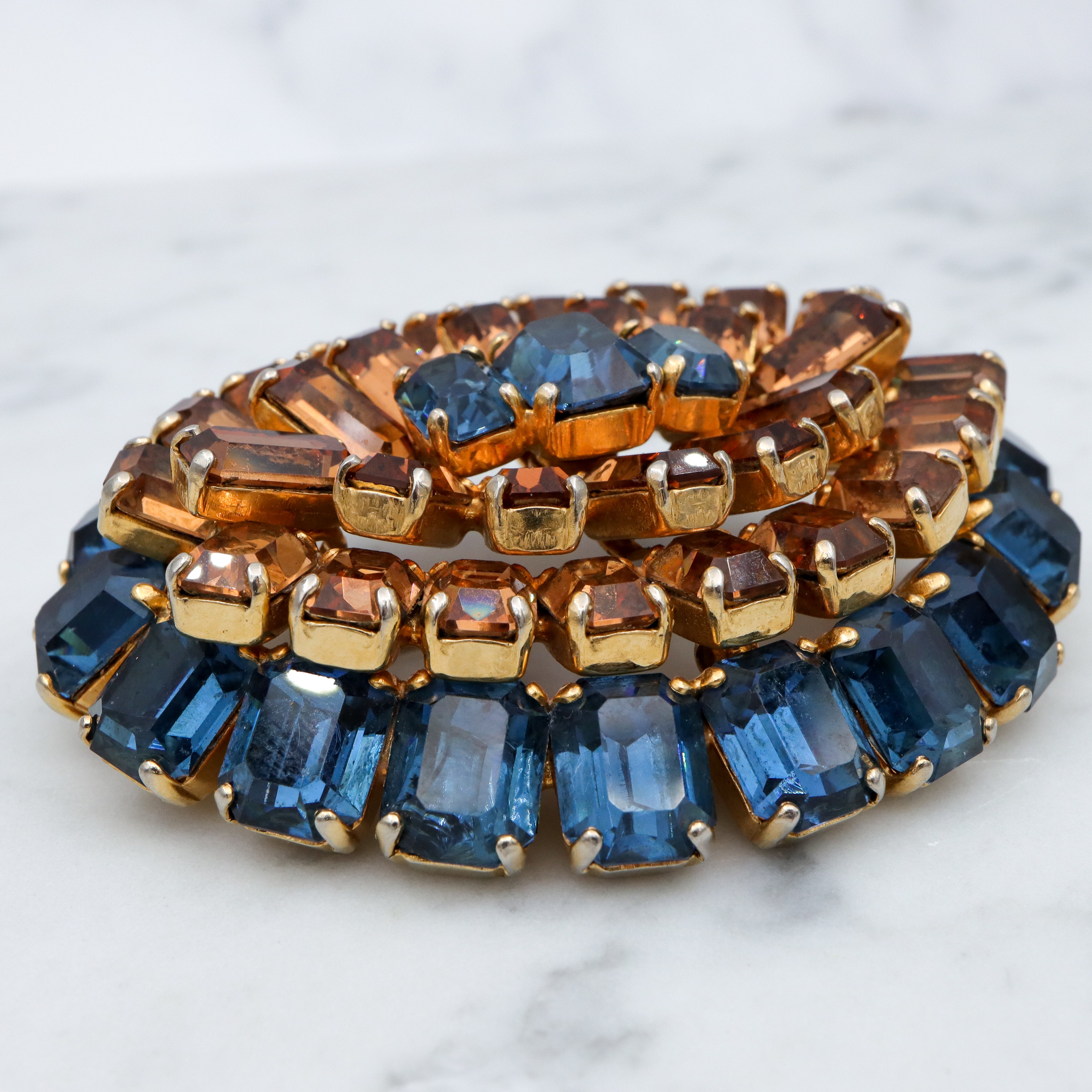 Antique Art Deco citrine & sapphire Austrian crystal gold plated oval brooch