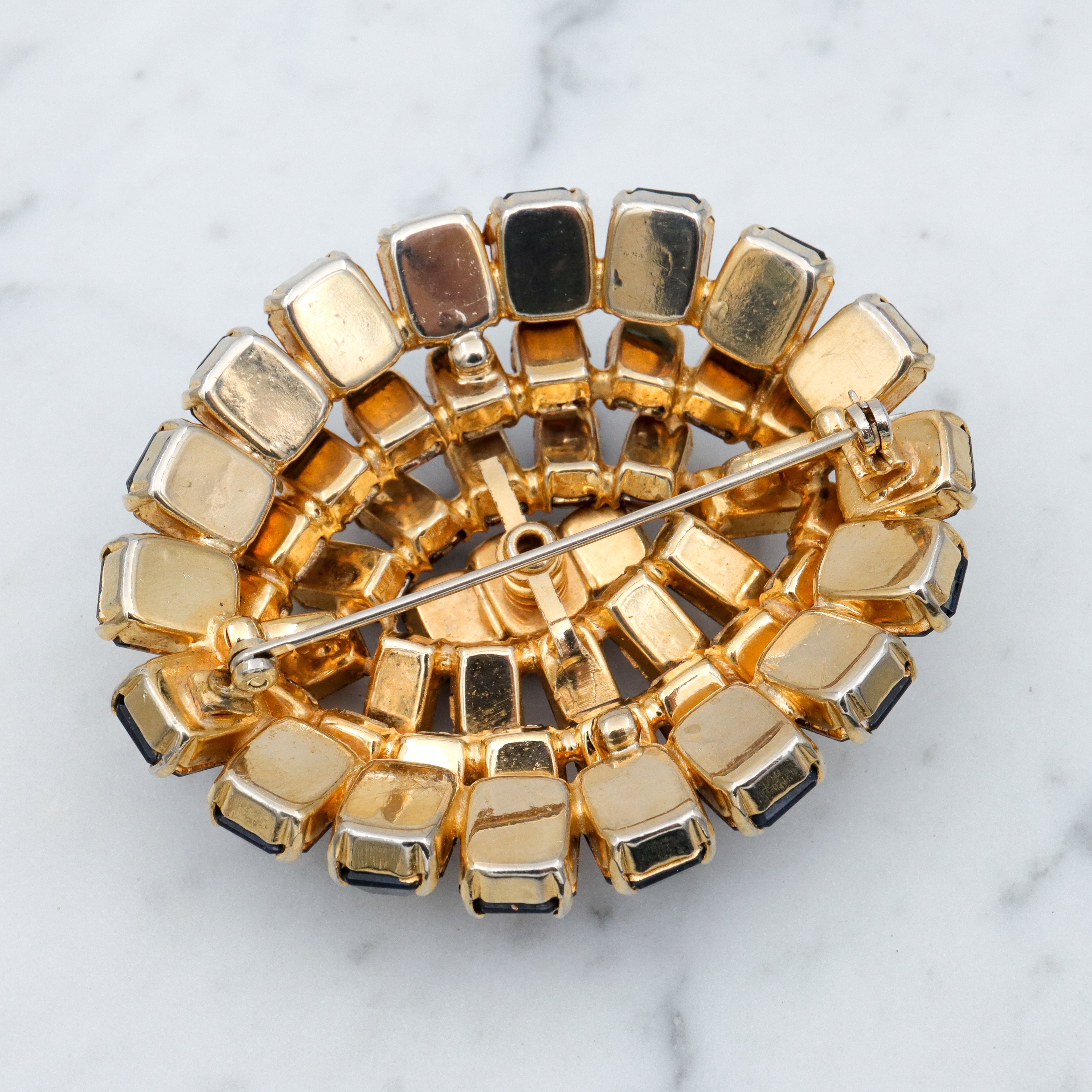 Antique Art Deco citrine & sapphire Austrian crystal gold plated oval brooch