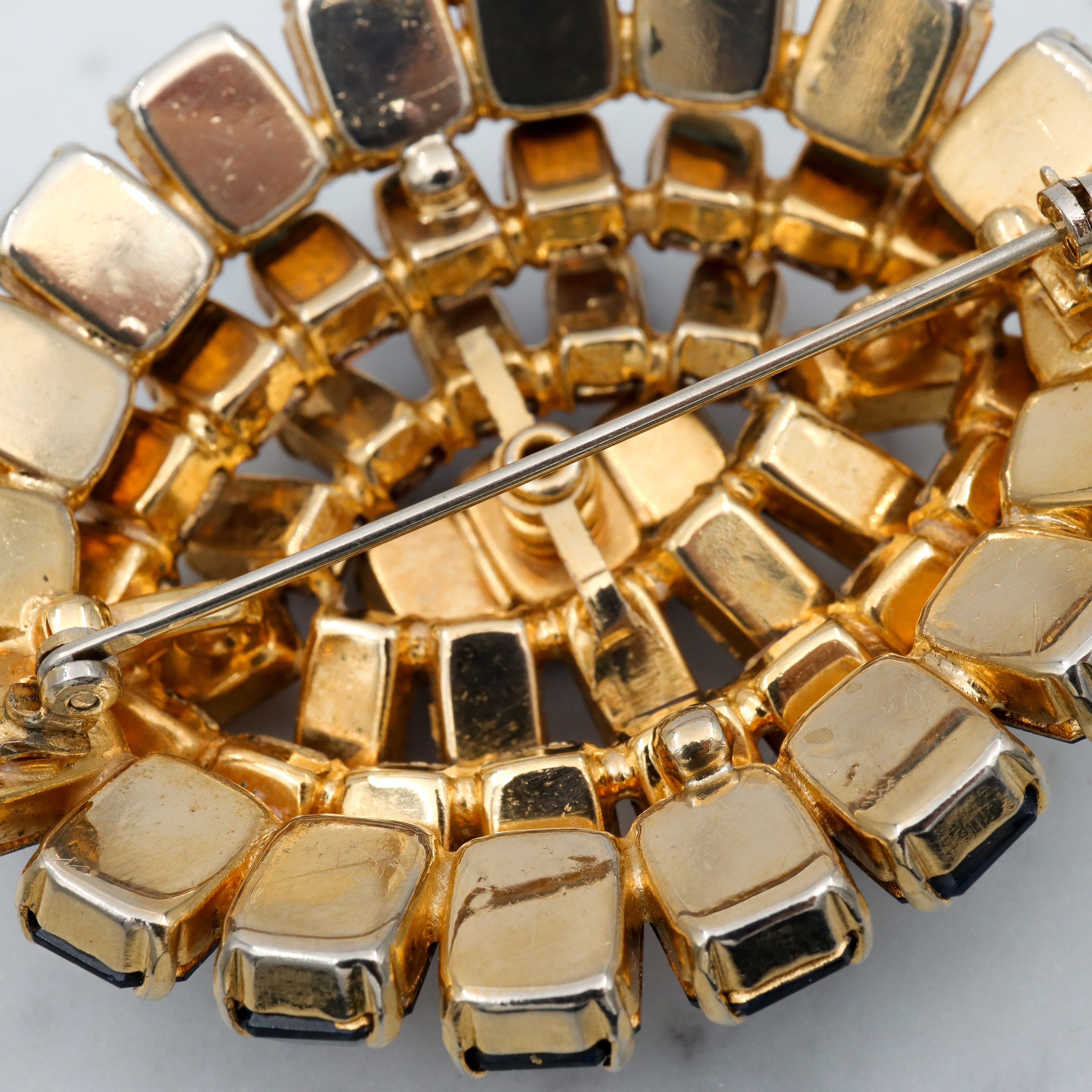 Antique Art Deco citrine & sapphire Austrian crystal gold plated oval brooch