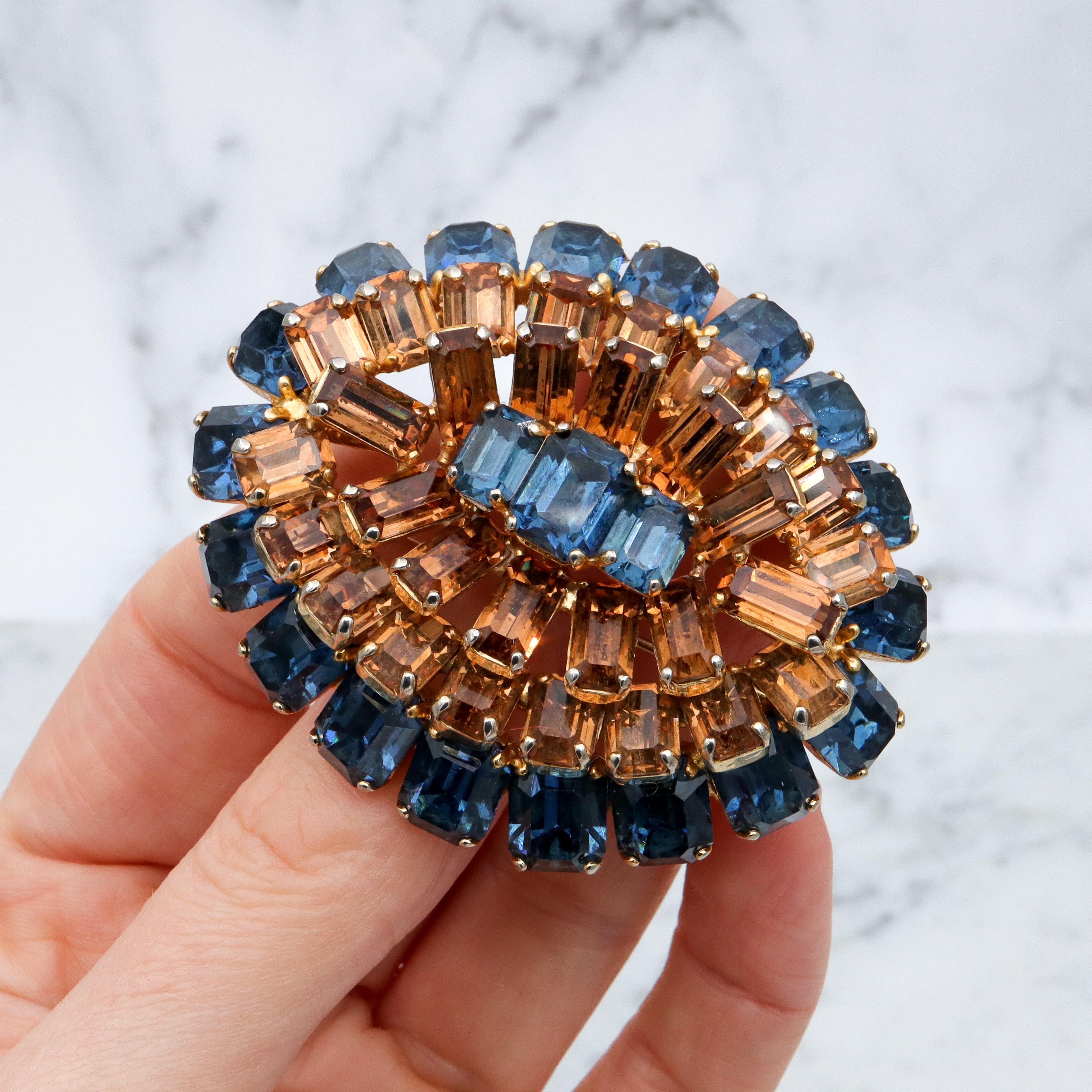 Antique Art Deco citrine & sapphire Austrian crystal gold plated oval brooch