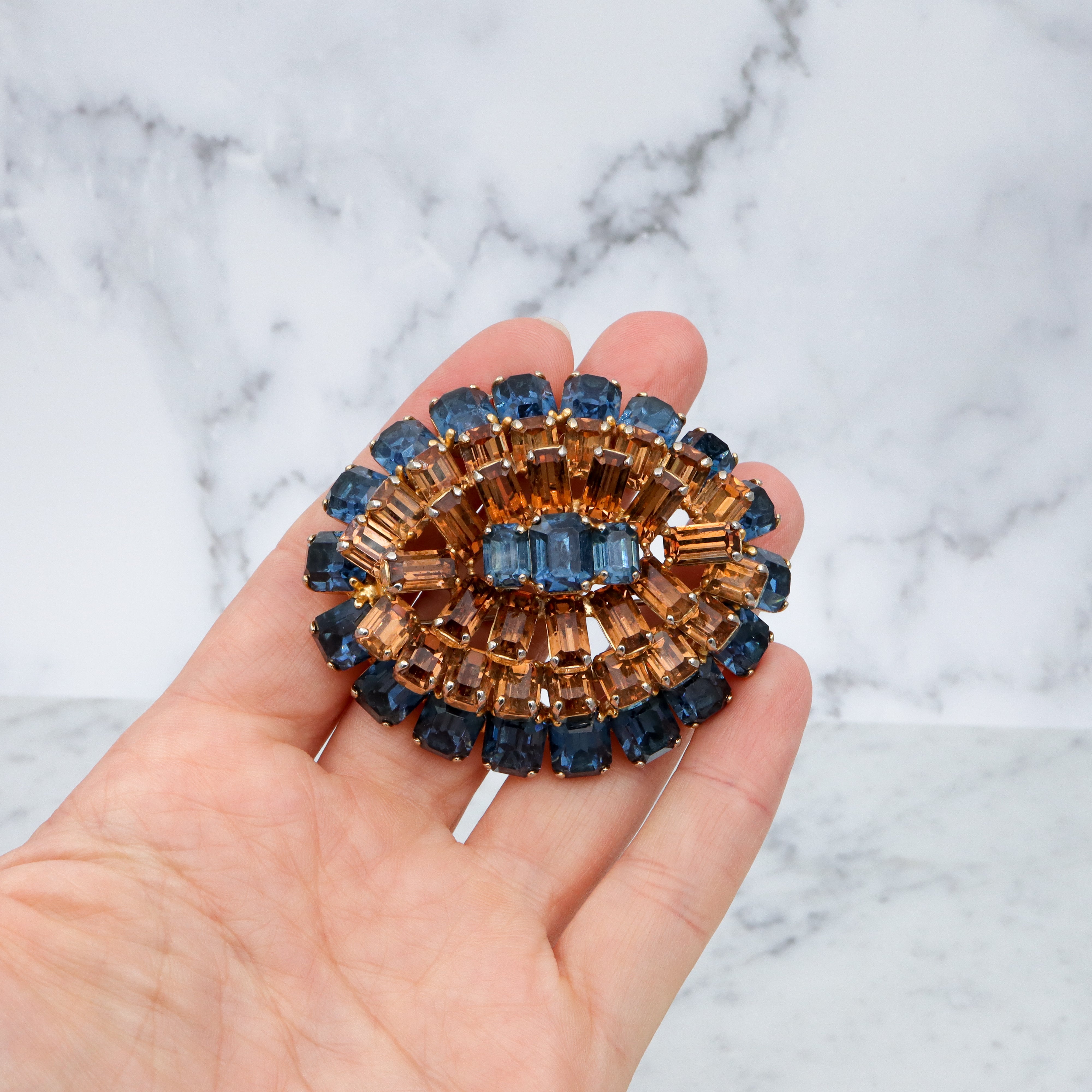 Antique Art Deco citrine & sapphire Austrian crystal gold plated oval brooch