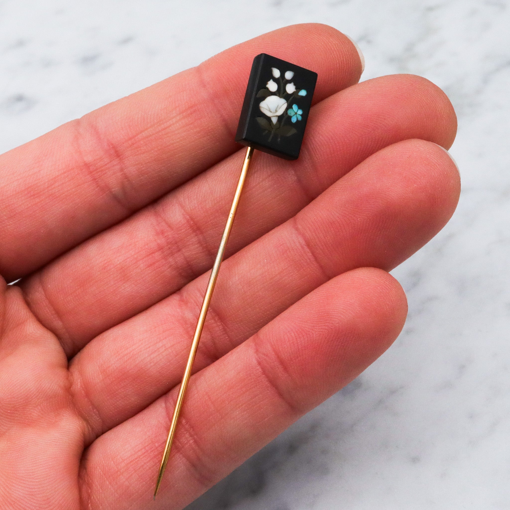 Antique Victorian gold filled Italian pietra dura plaque stick pin