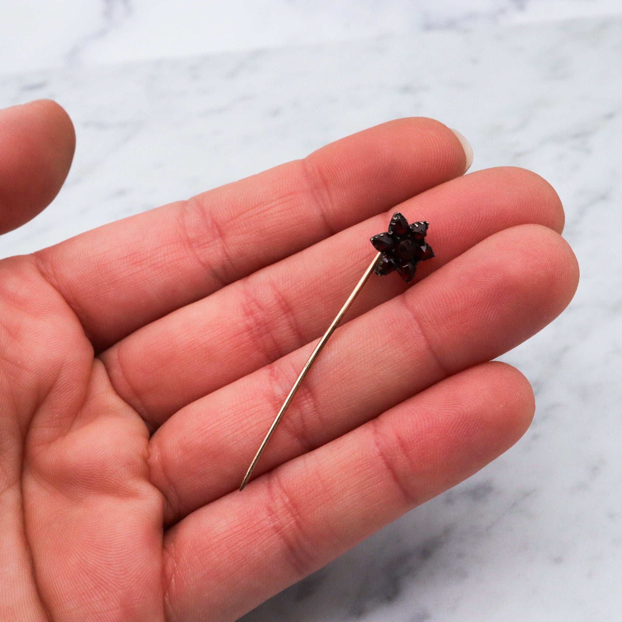 Antique Victorian gold filled Bohemian rose cut garnet flower stick pin
