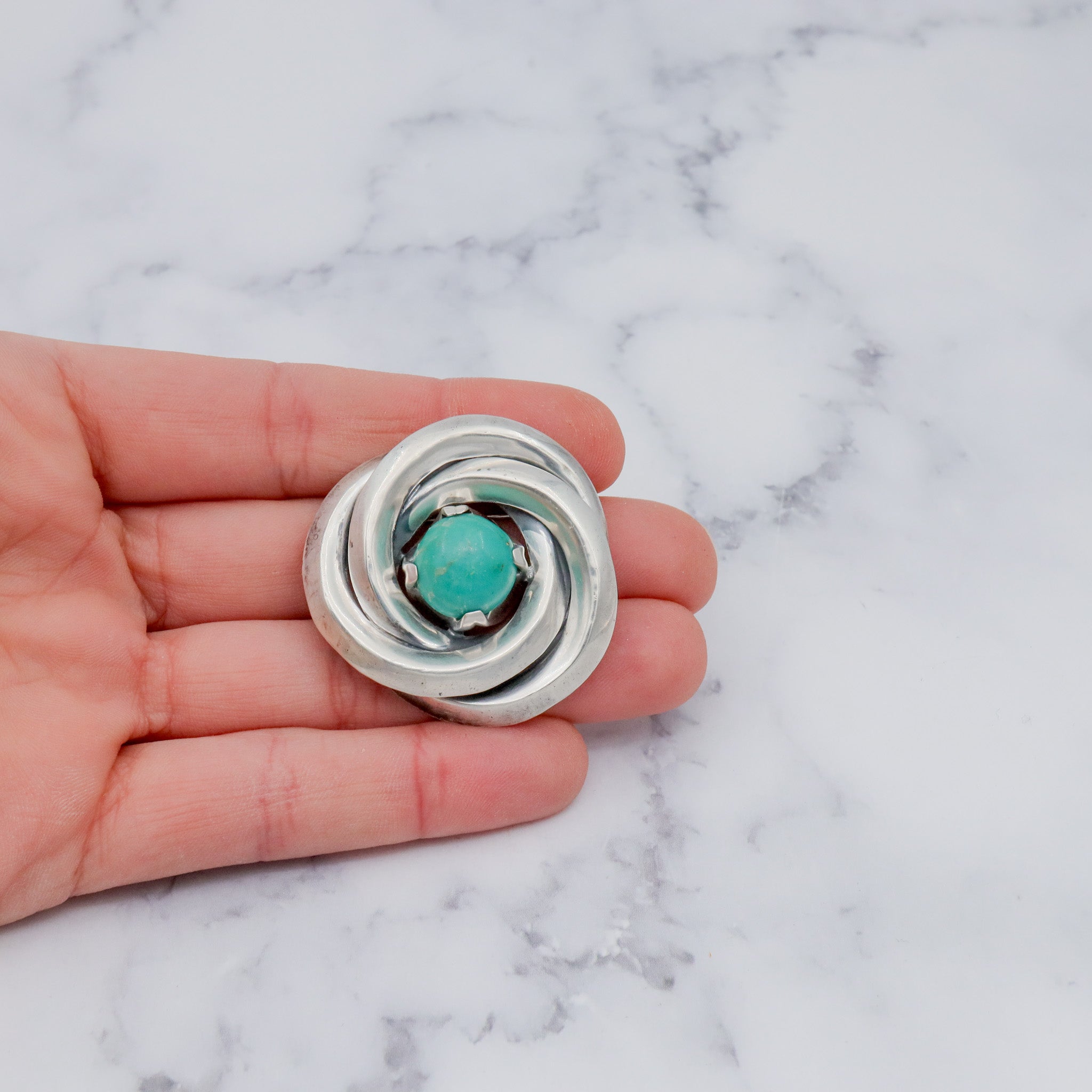 Vintage Midcentury Antonio Pineda Mexican silversmith, sterling & amazonite swirl knot brooch