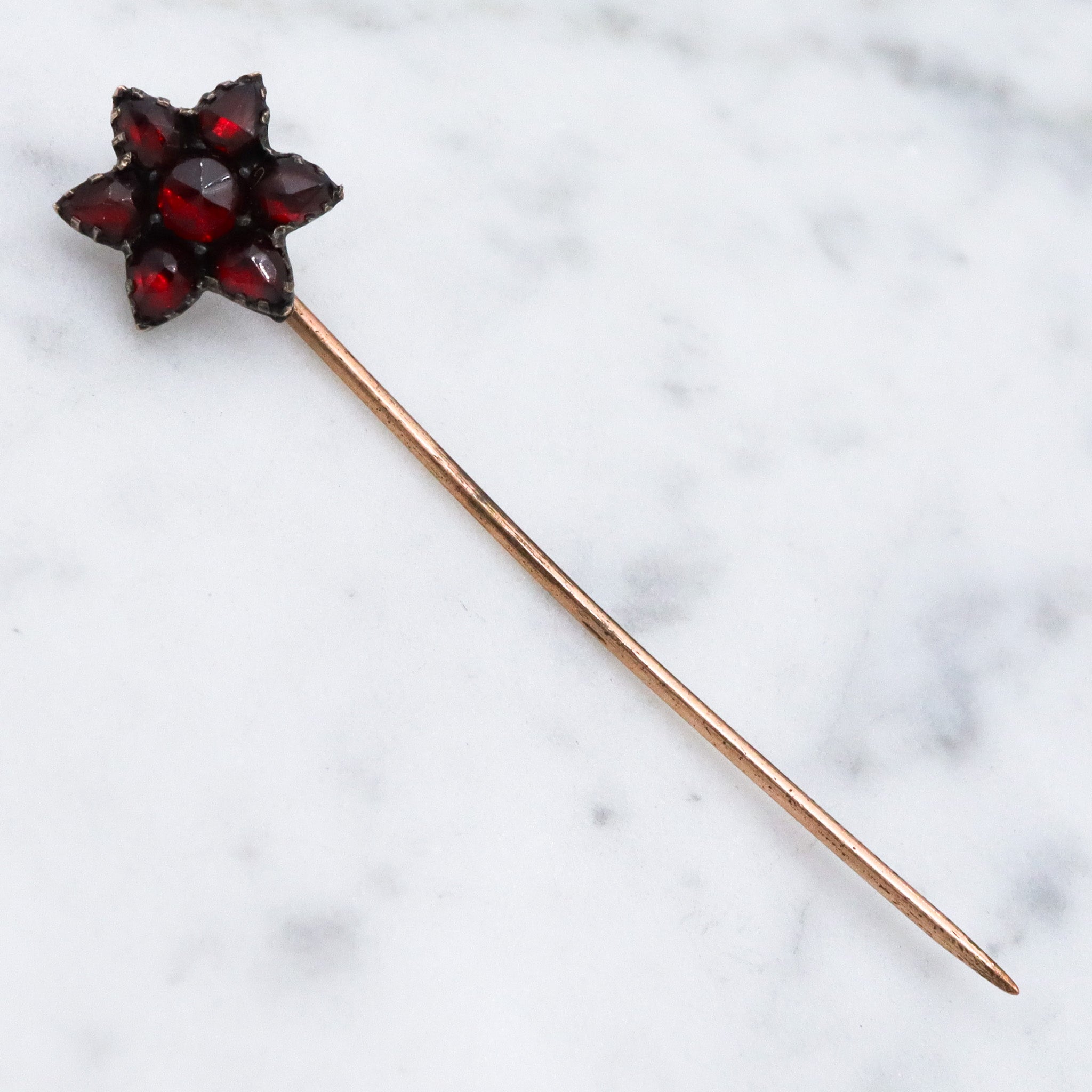 Antique Victorian gold filled Bohemian rose cut garnet flower stick pin