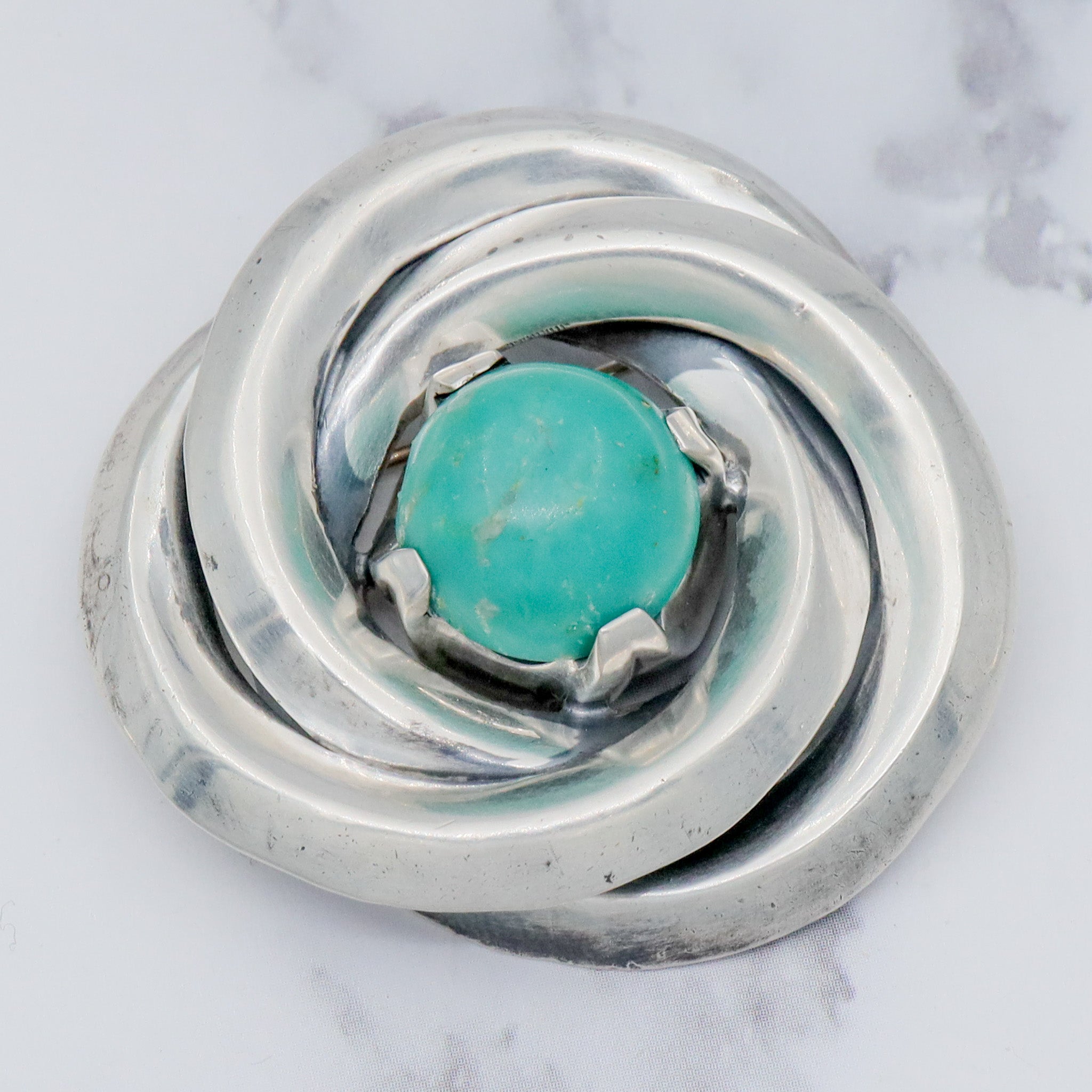 Vintage Midcentury Antonio Pineda Mexican silversmith, sterling & amazonite swirl knot brooch