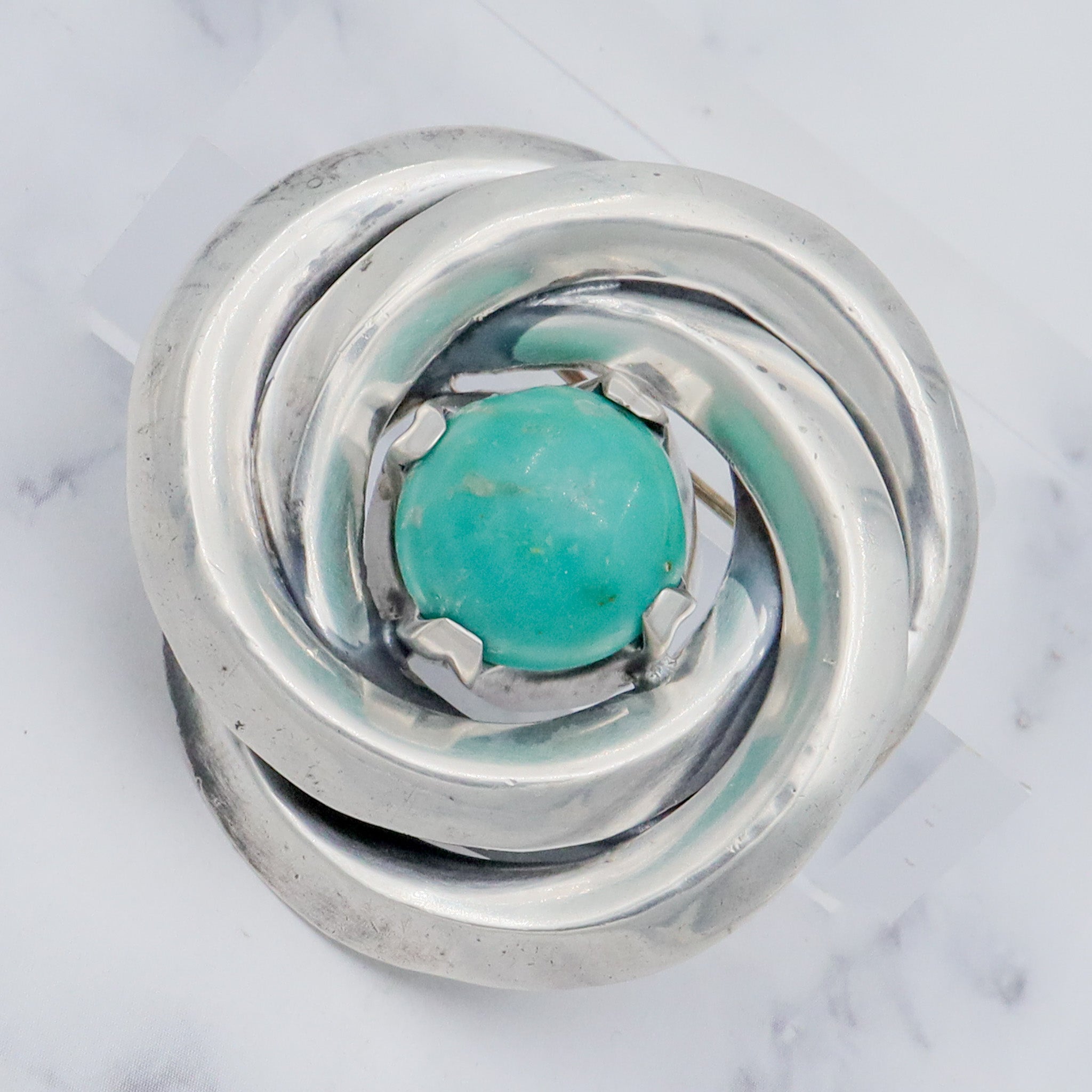 Vintage Midcentury Antonio Pineda Mexican silversmith, sterling & amazonite swirl knot brooch