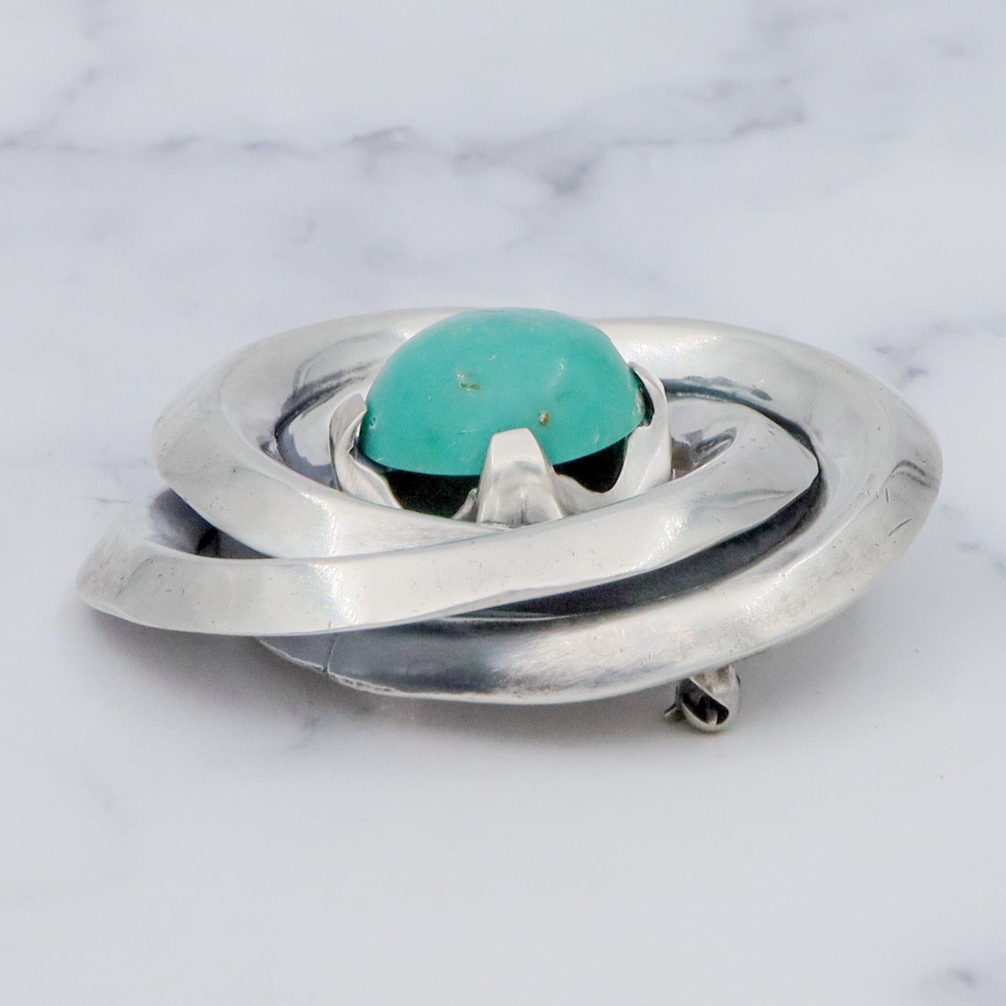 Vintage Midcentury Antonio Pineda Mexican silversmith, sterling & amazonite swirl knot brooch
