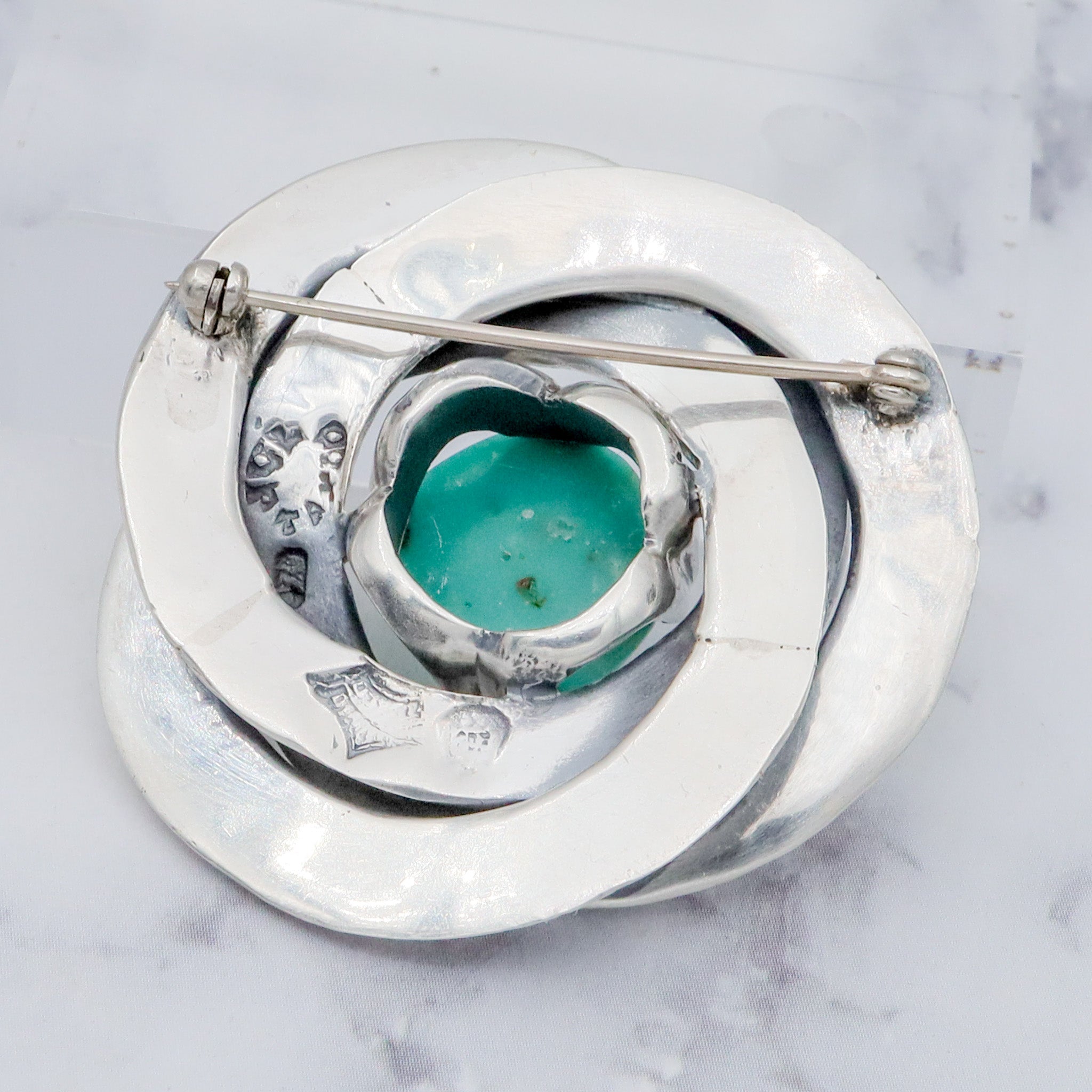 Vintage Midcentury Antonio Pineda Mexican silversmith, sterling & amazonite swirl knot brooch