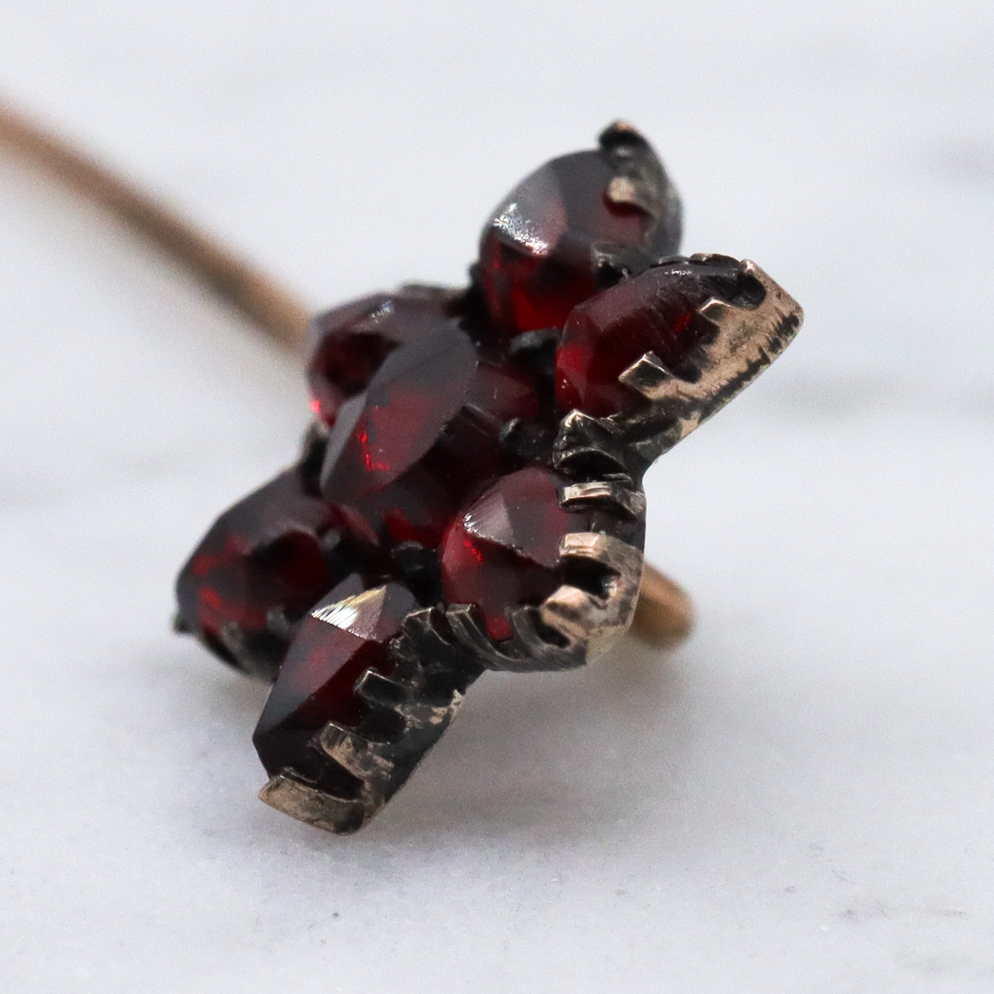 Antique Victorian gold filled Bohemian rose cut garnet flower stick pin