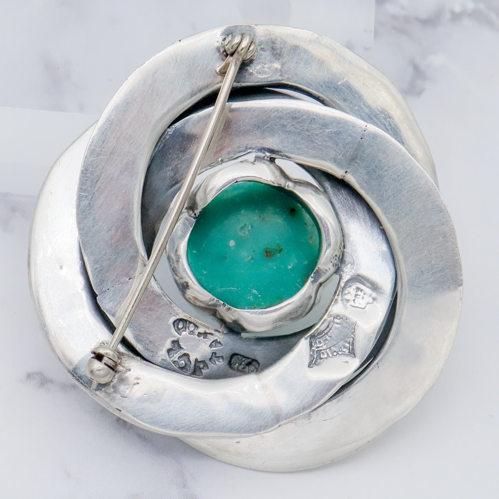 Vintage Midcentury Antonio Pineda Mexican silversmith, sterling & amazonite swirl knot brooch