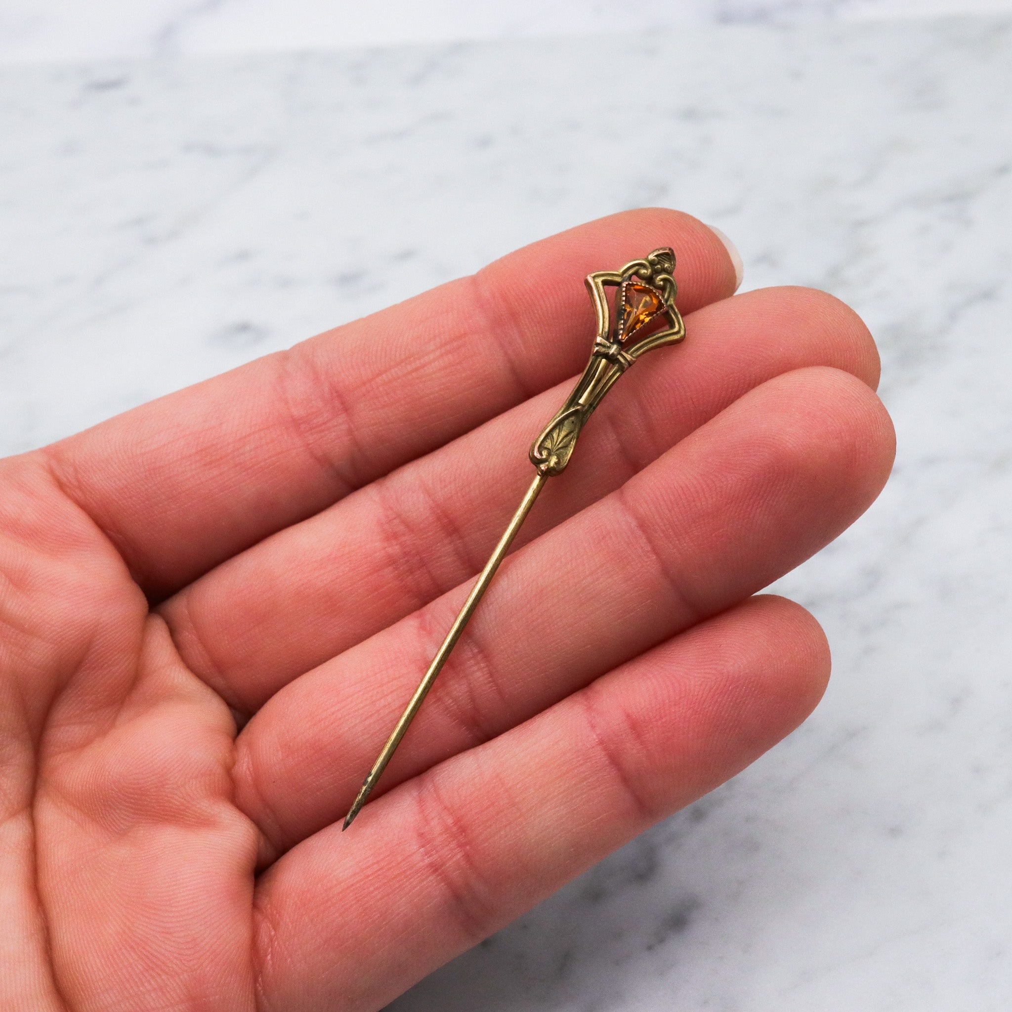 Antique Art Deco gilt metal faux citrine stick pin