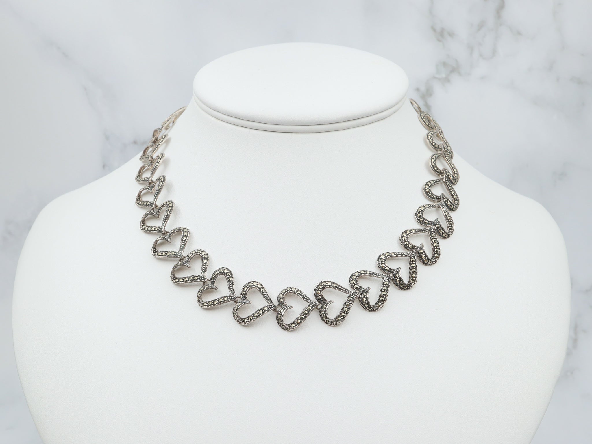 Vintage retro sterling silver marcasite heart link necklace 19