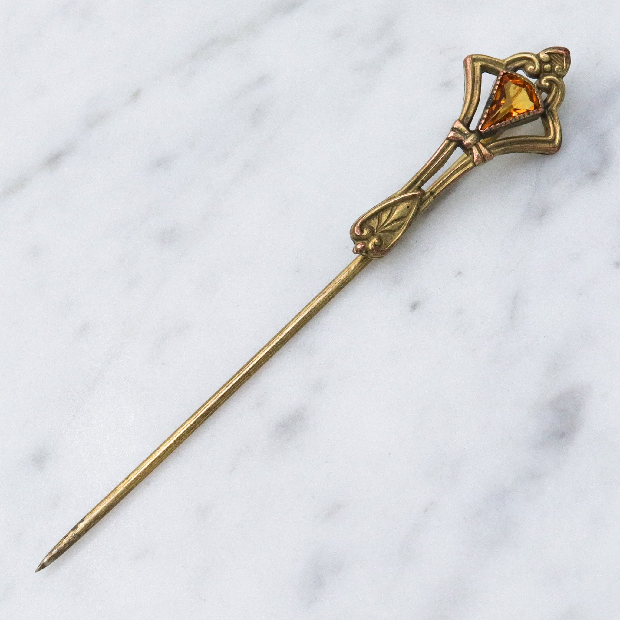Antique Art Deco gilt metal faux citrine stick pin