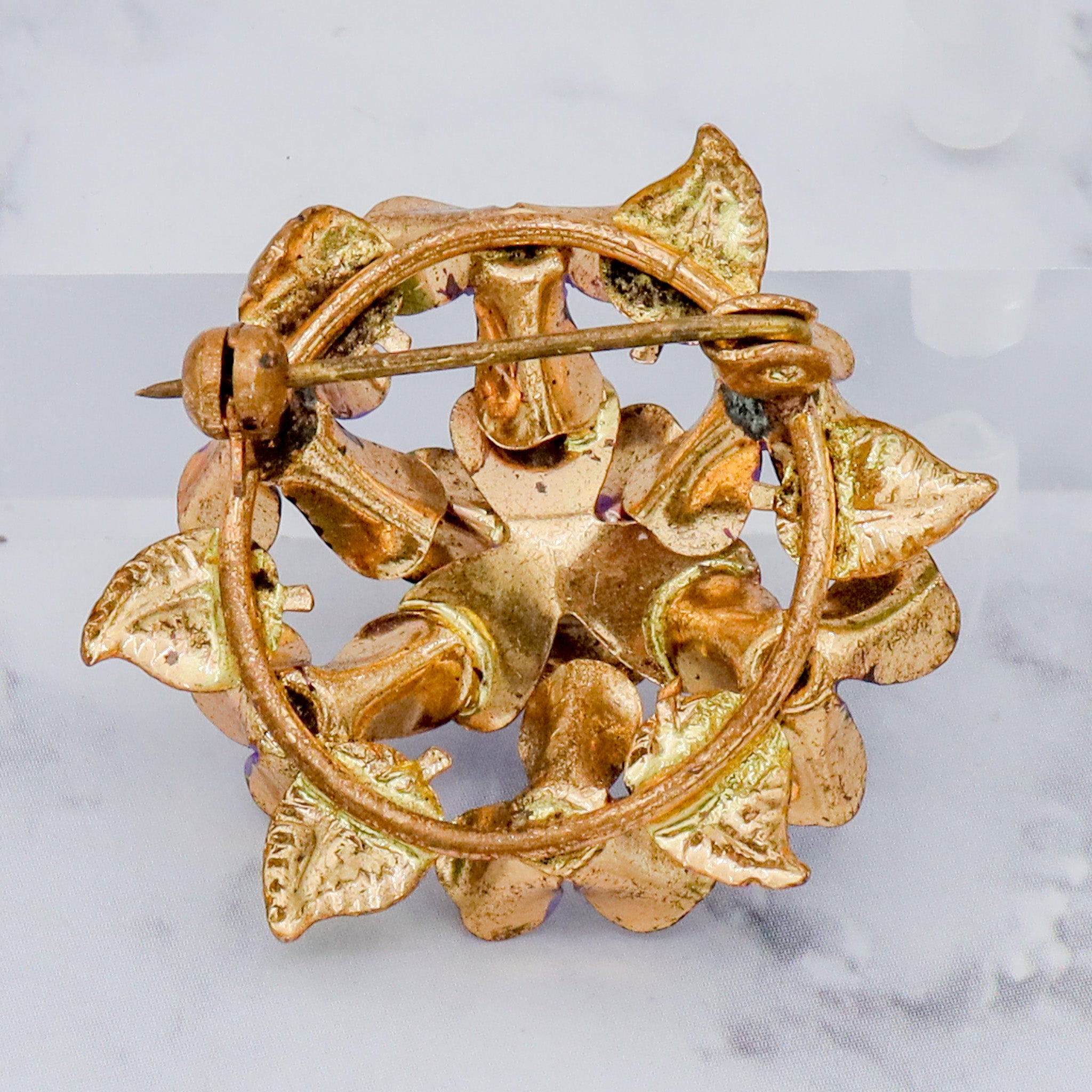 Antique painted brass violets brooch