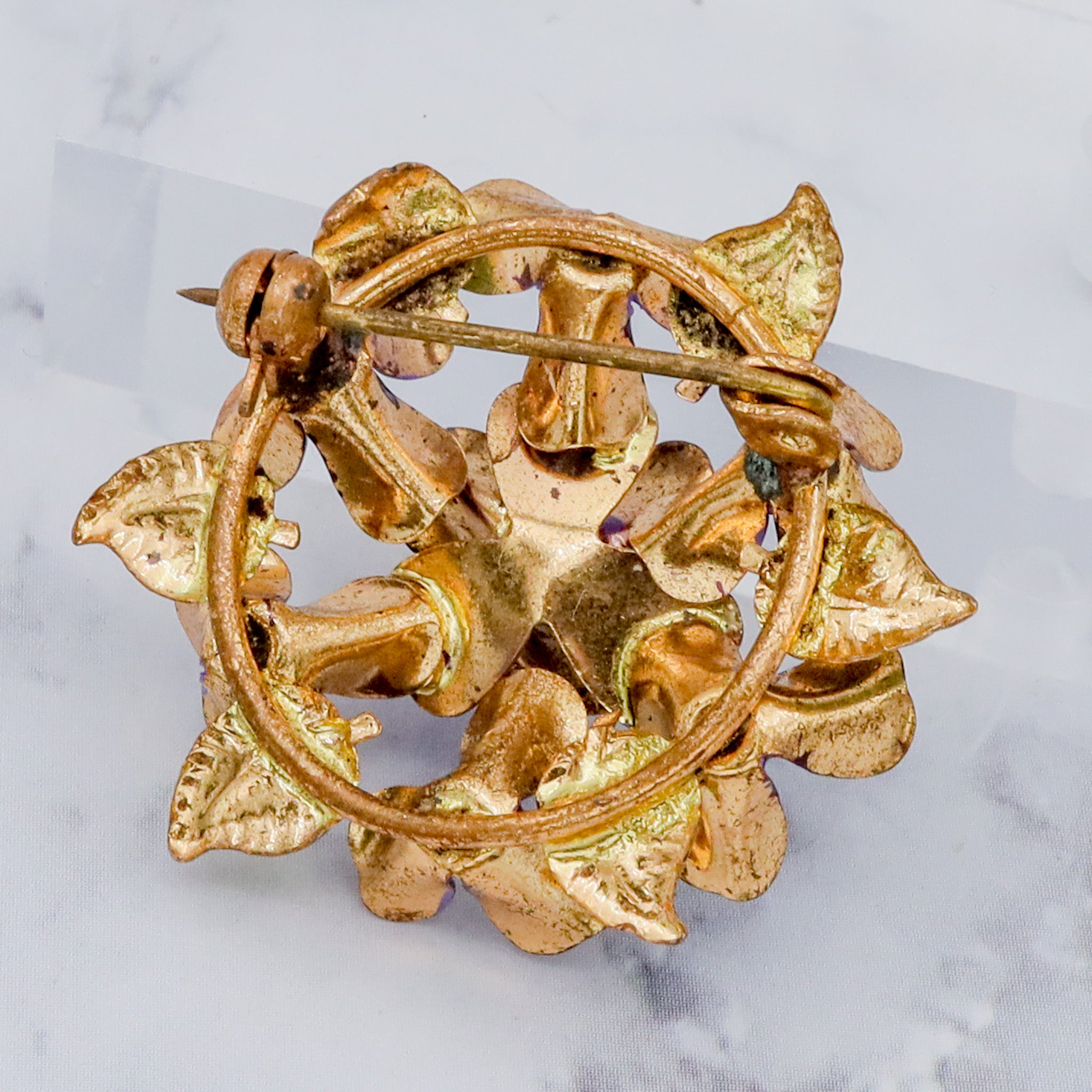 Antique painted brass violets brooch