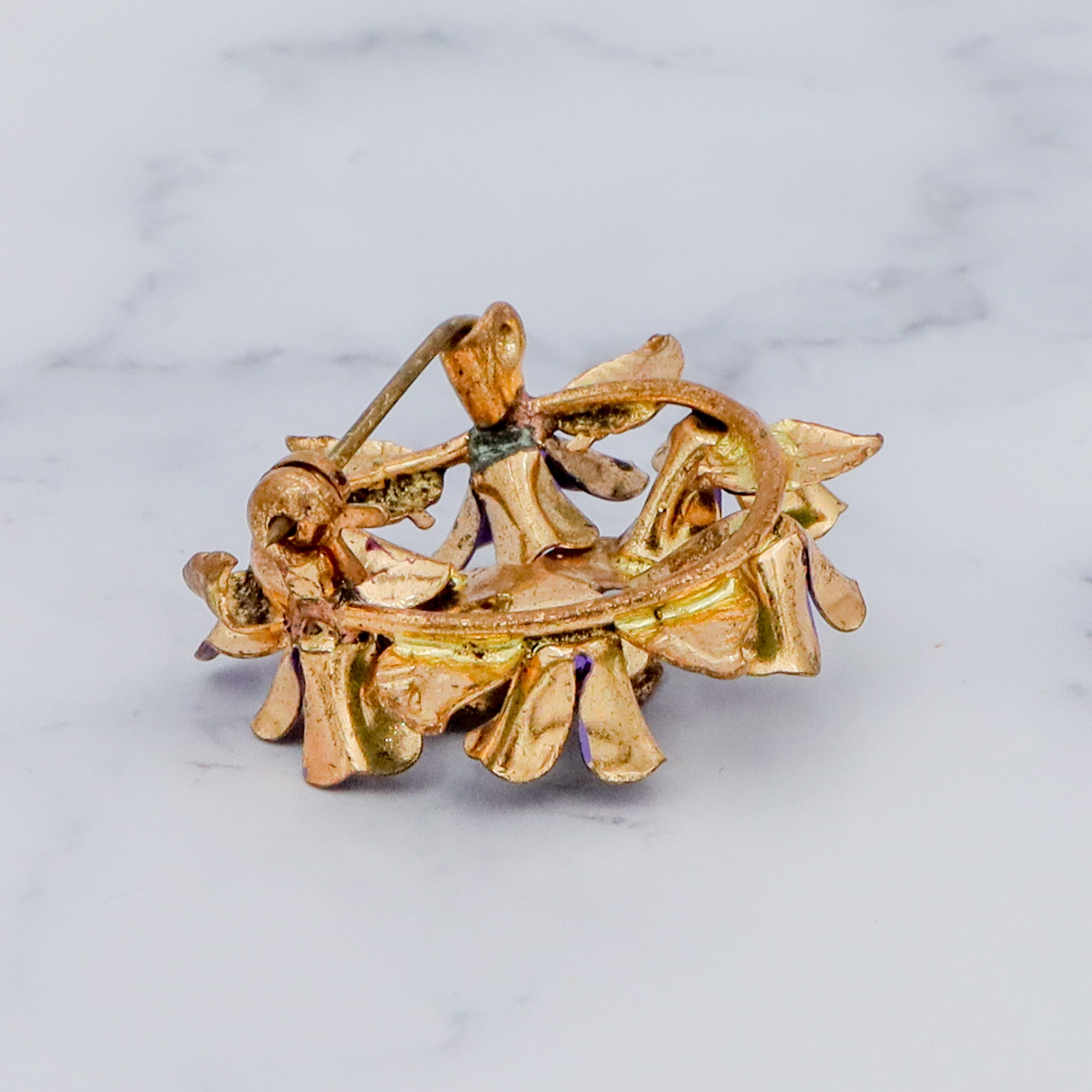 Antique painted brass violets brooch