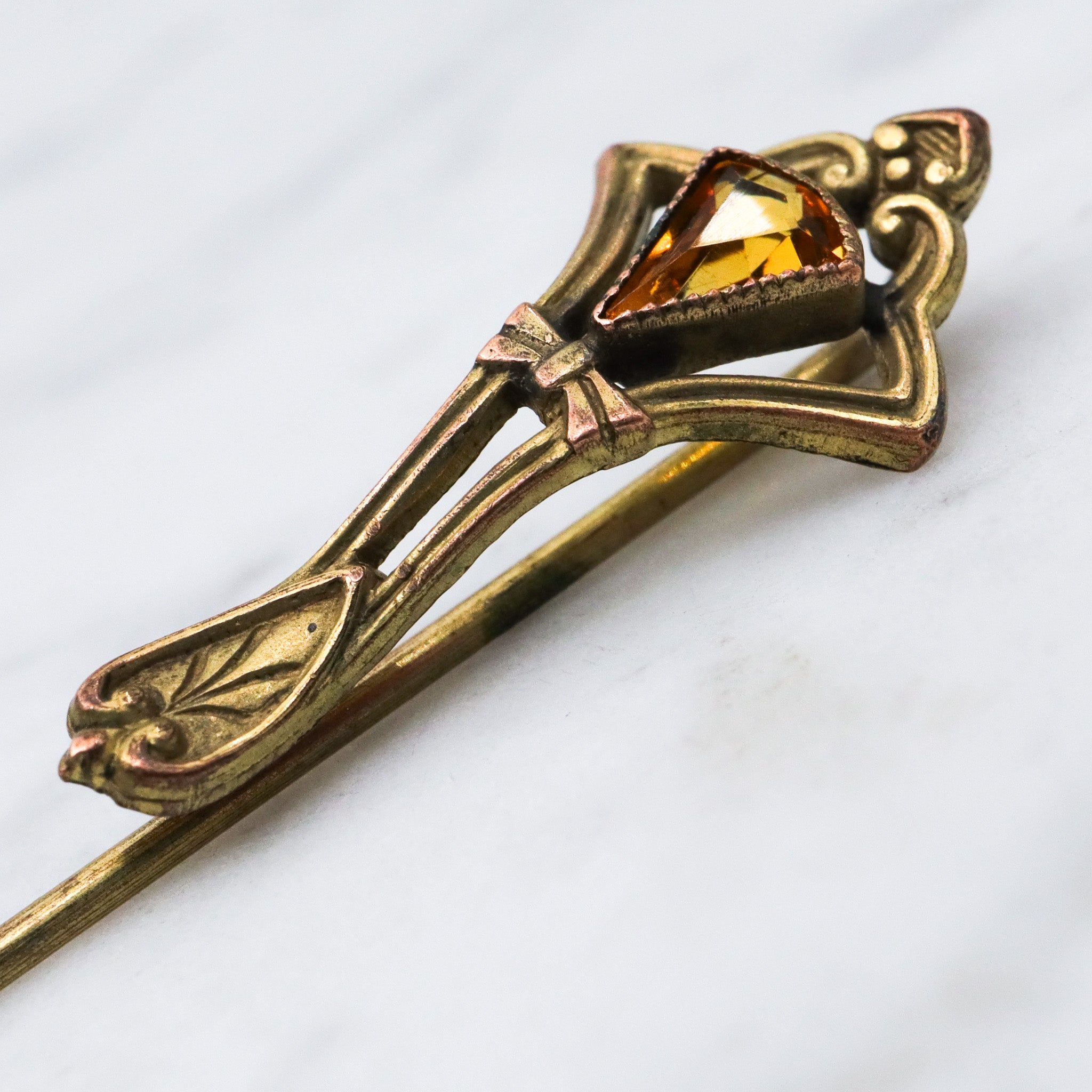Antique Art Deco gilt metal faux citrine stick pin
