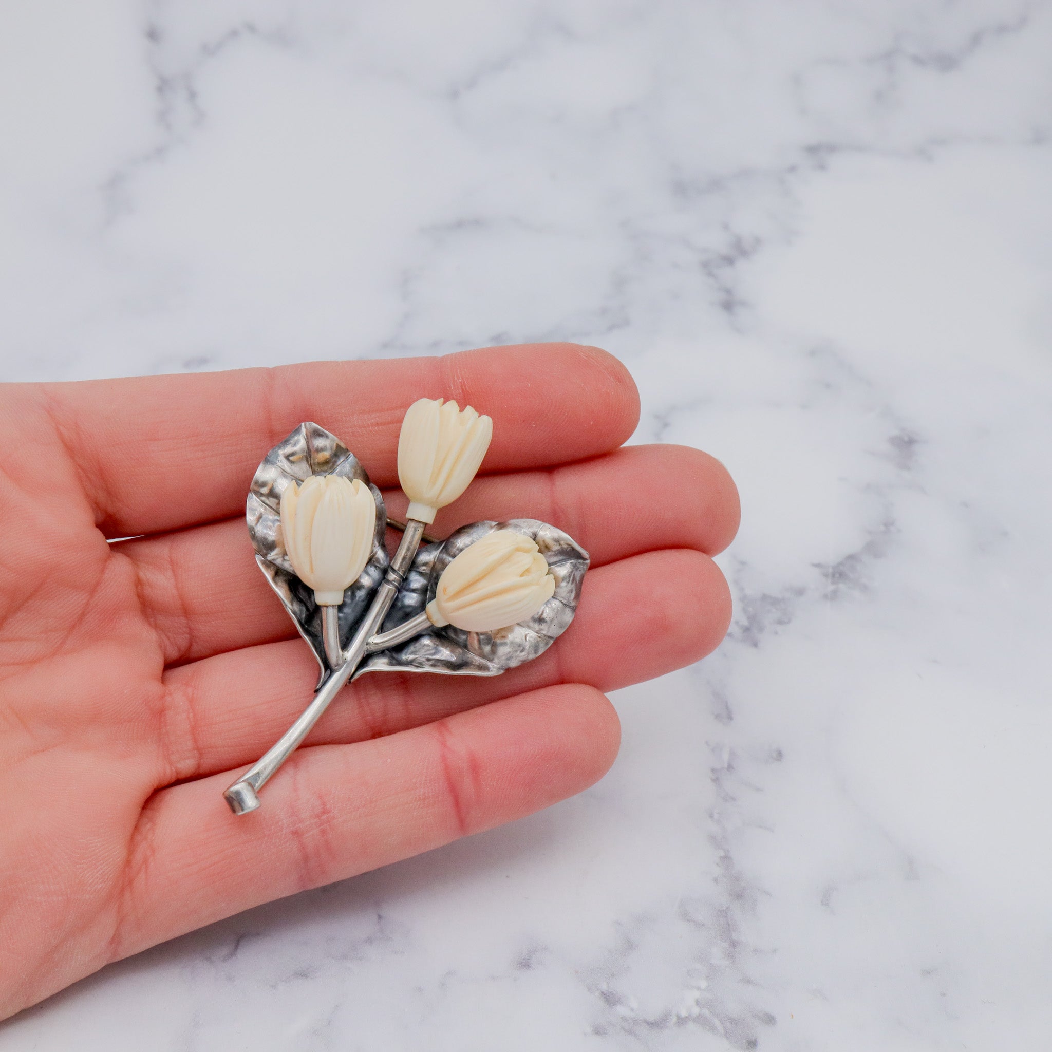 Antique Victorian Mings Hawaii sterling silver & carved faux ivory flower brooch