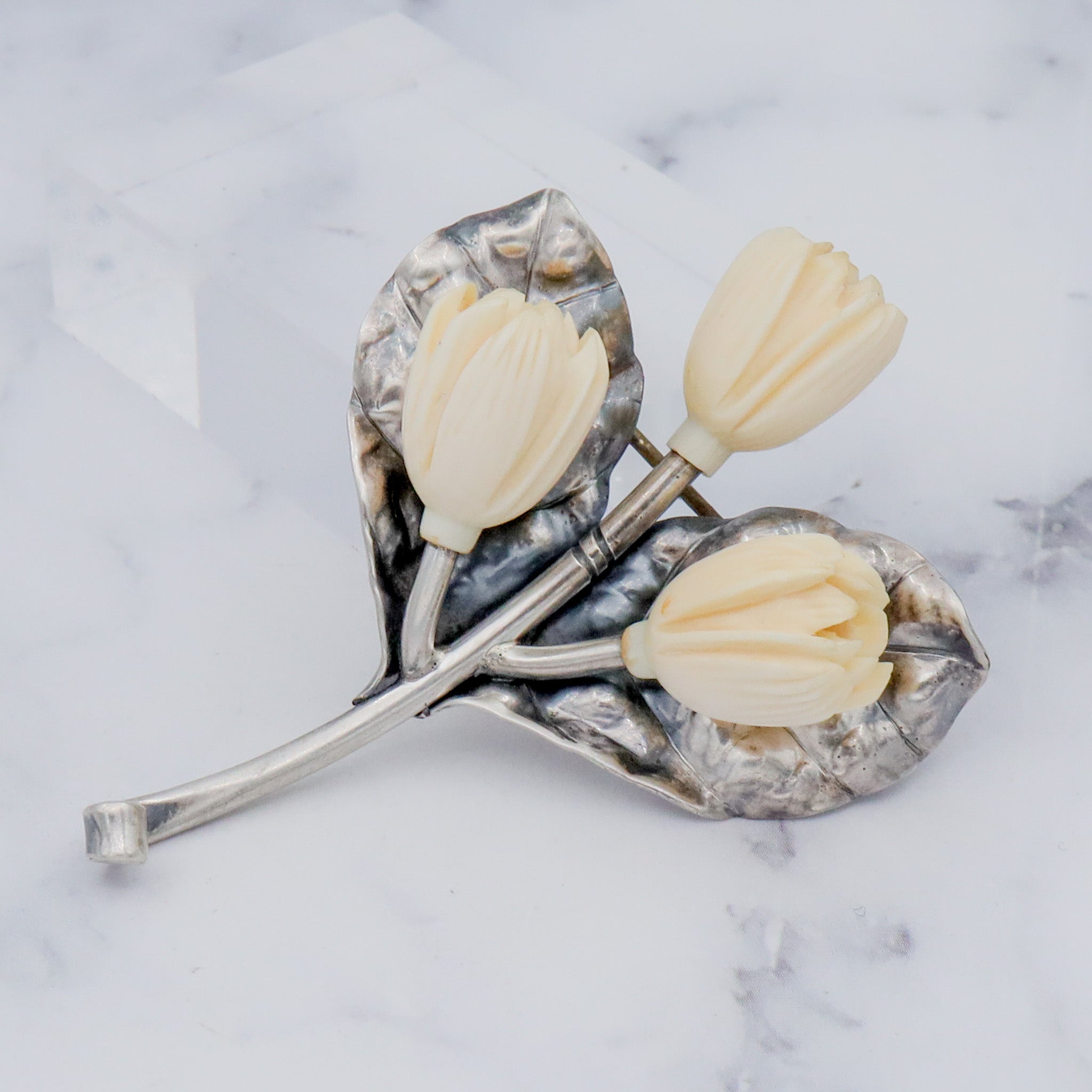 Antique Victorian Mings Hawaii sterling silver & carved faux ivory flower brooch