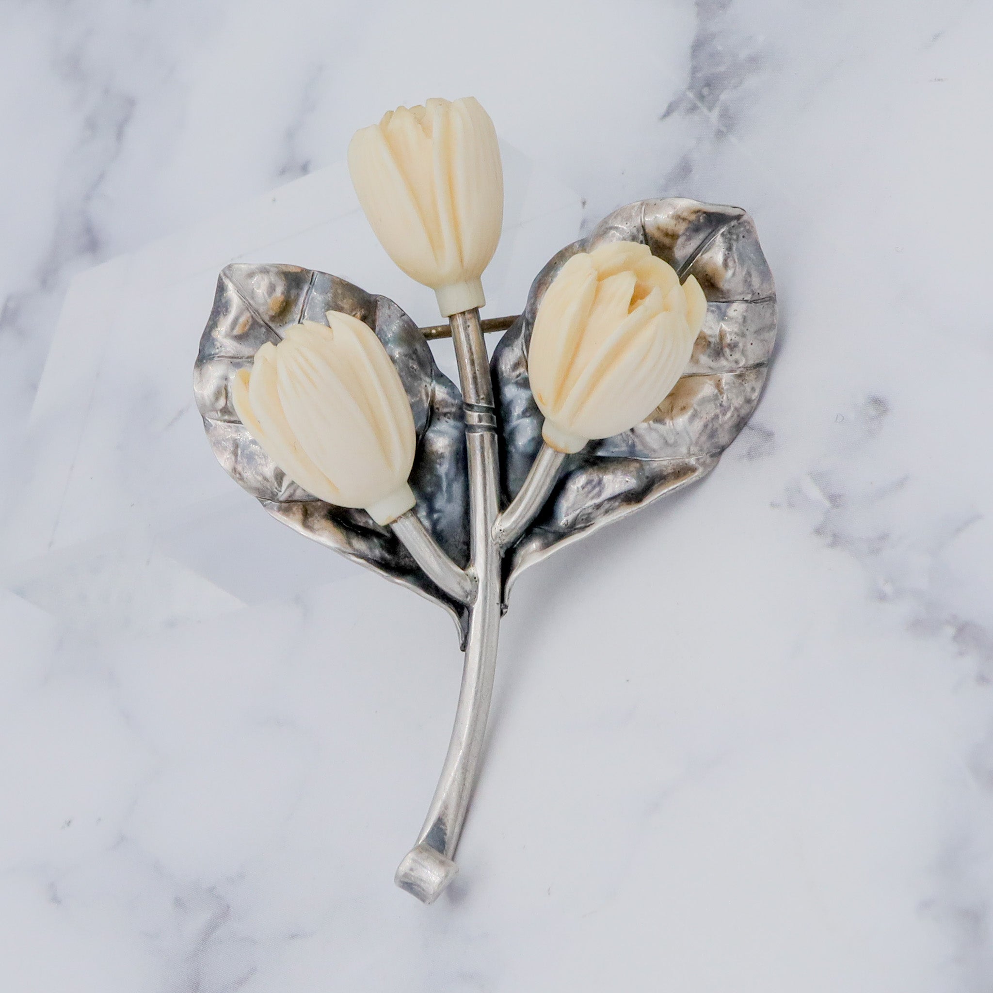 Antique Victorian Mings Hawaii sterling silver & carved faux ivory flower brooch