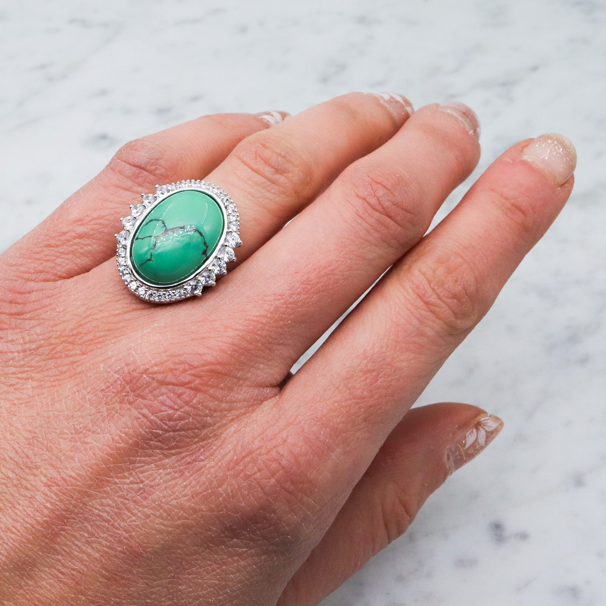 Vintage Joseph Esposito ESPO sterling silver green turquoise with cubic zirconia halo ring, sz 6