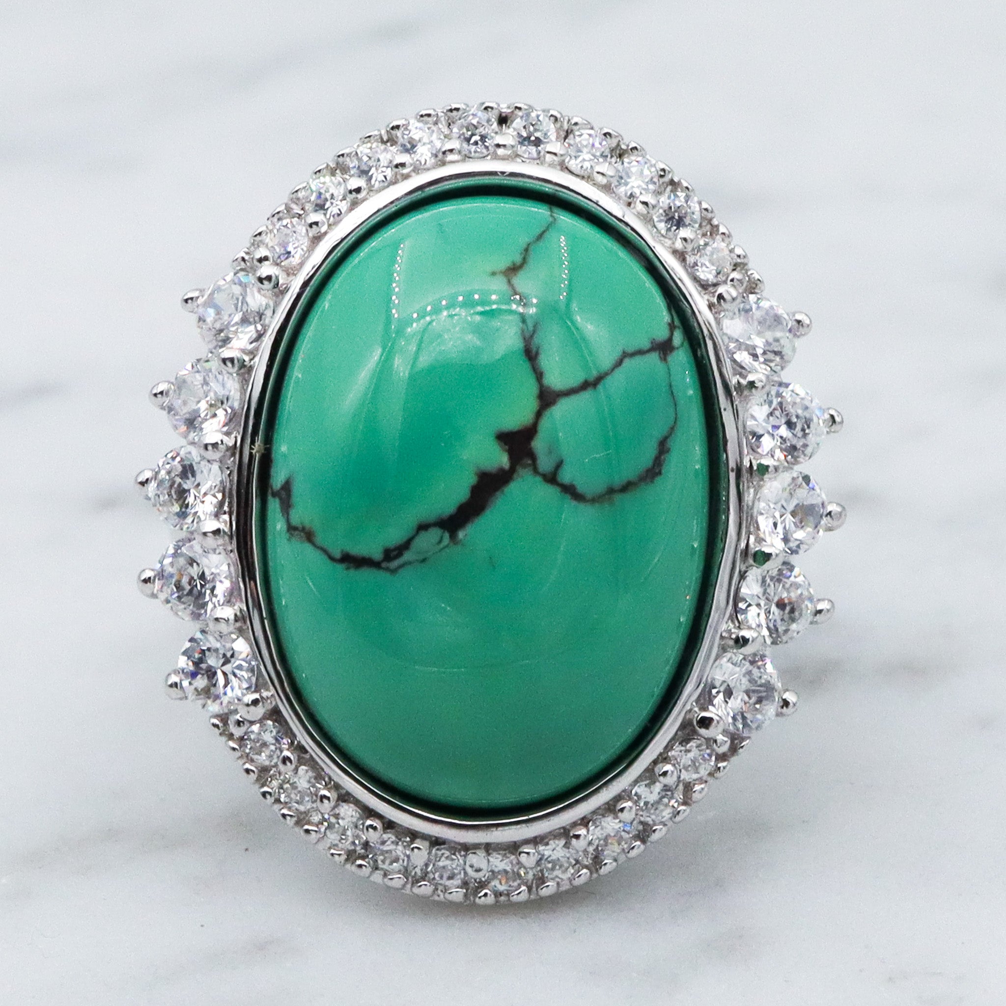 Vintage Joseph Esposito ESPO sterling silver green turquoise with cubic zirconia halo ring, sz 6