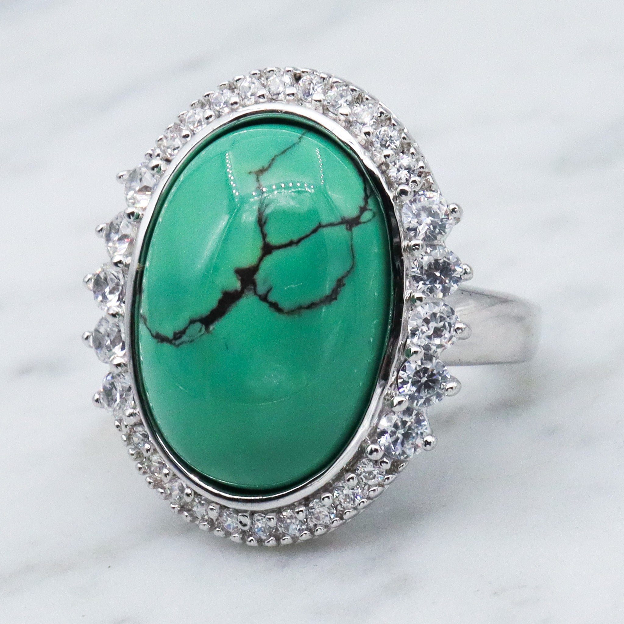 Vintage Joseph Esposito ESPO sterling silver green turquoise with cubic zirconia halo ring, sz 6